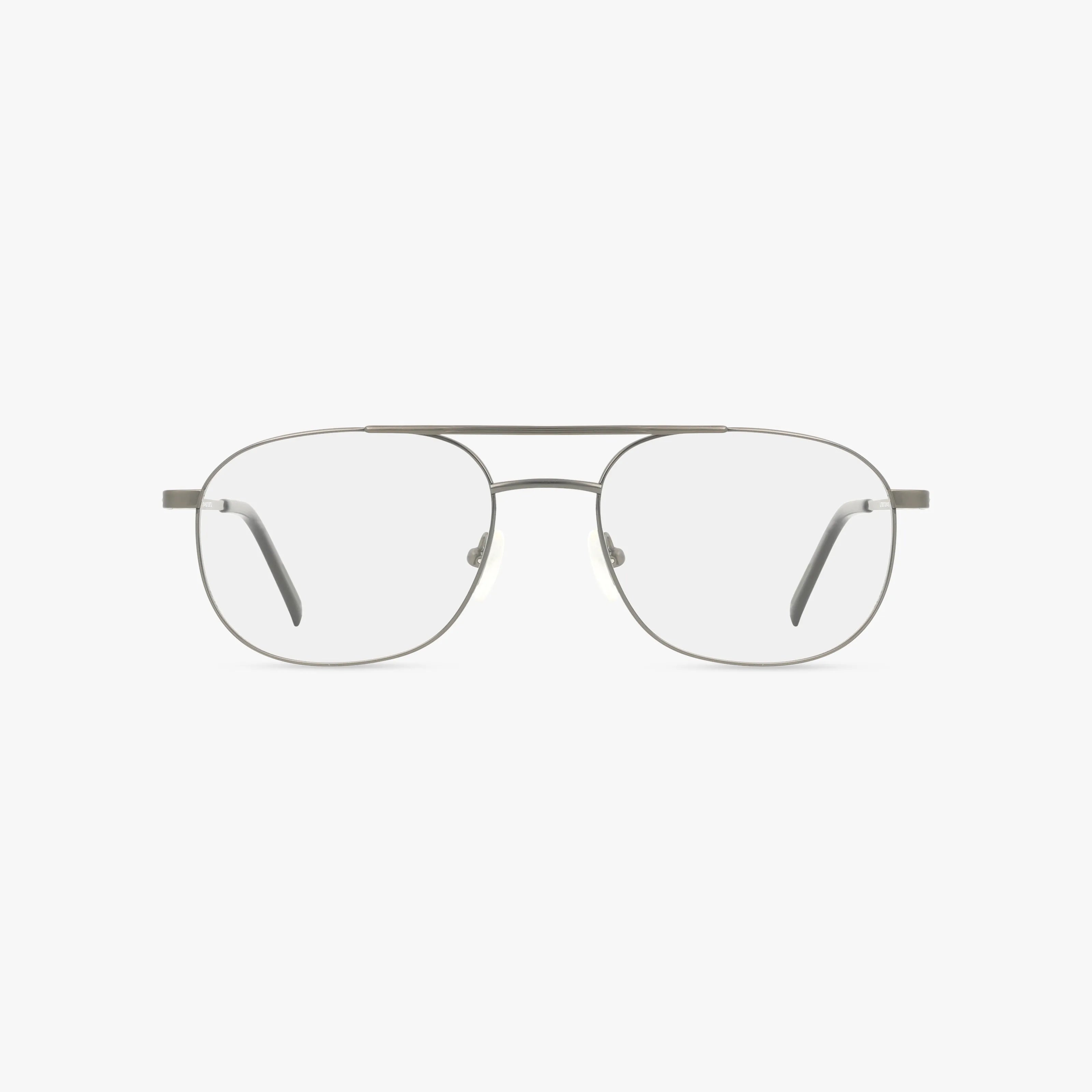 BENJAMIN silver metal aviator eyeglasses feature a sleek frame, clear lenses, a straight double bridge, and thin arms for versatile style, shown against a plain white background.