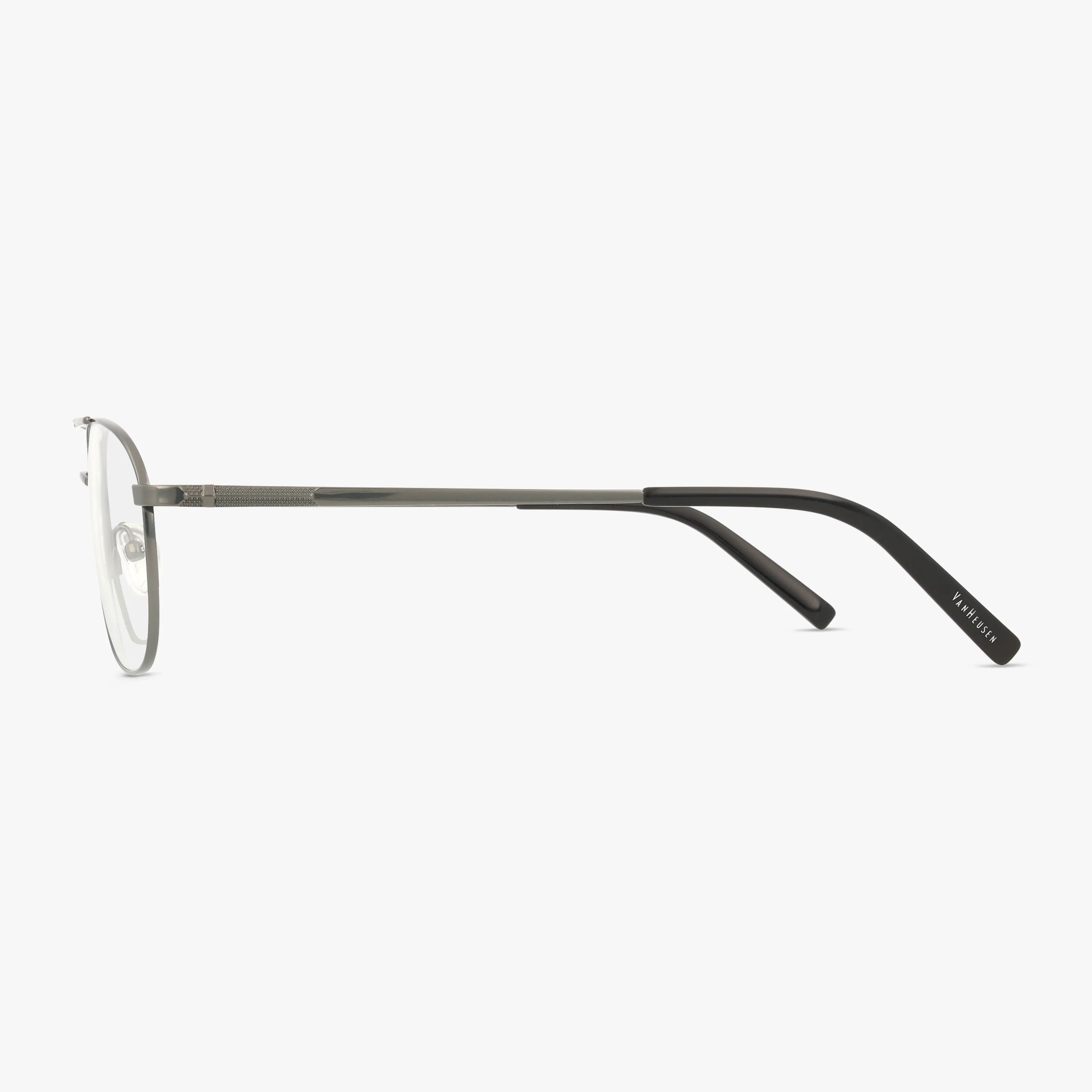 Side view of BENJAMIN round metal-framed eyeglasses featuring a sleek frame, thin gray temples, and black tips against a plain white background.