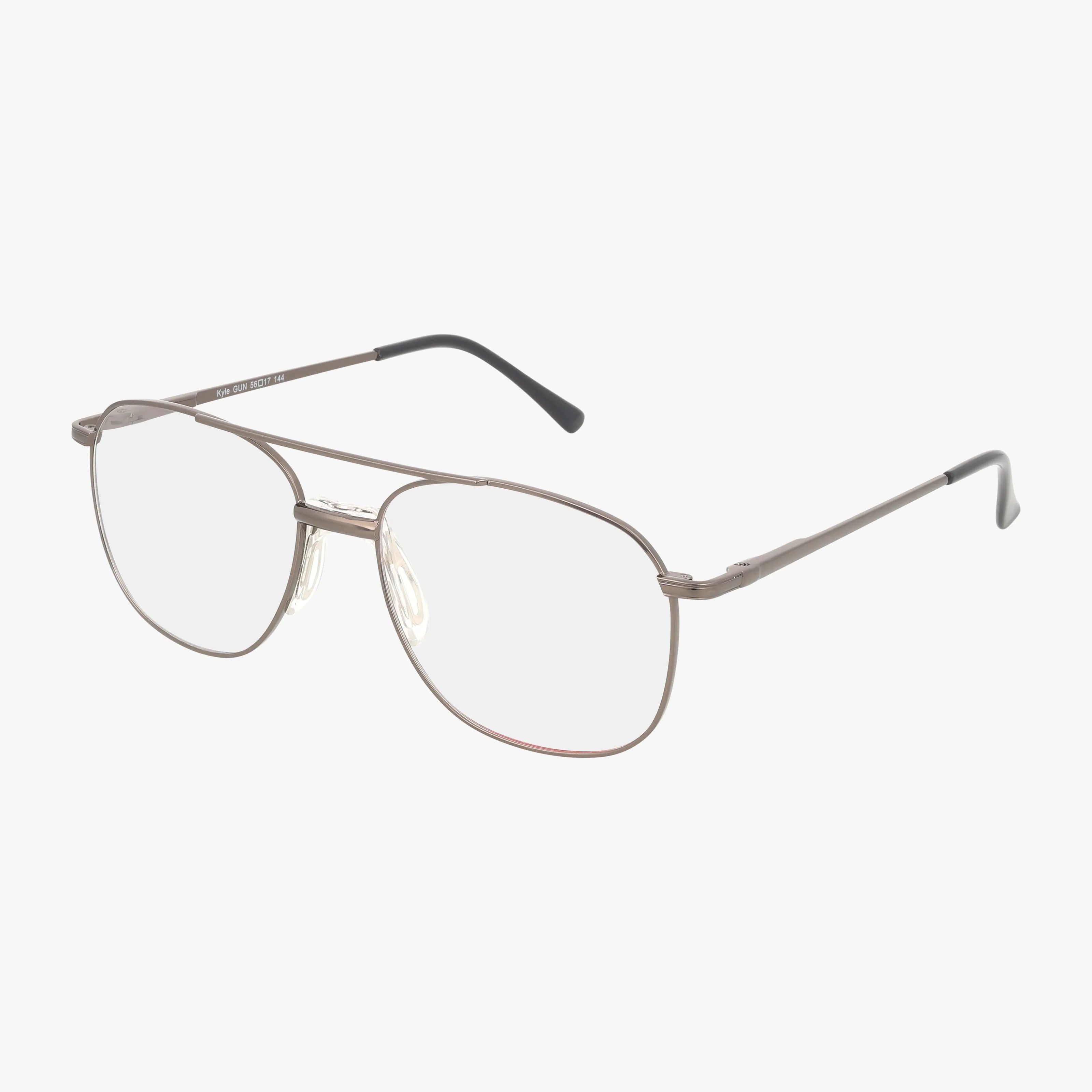 The KYLE eyeglasses feature a lightweight aviator-style frame with a thin metallic design, clear lenses, adjustable nose pads, and black-tipped temple arms—ideal for daily wear and shown on a white background.