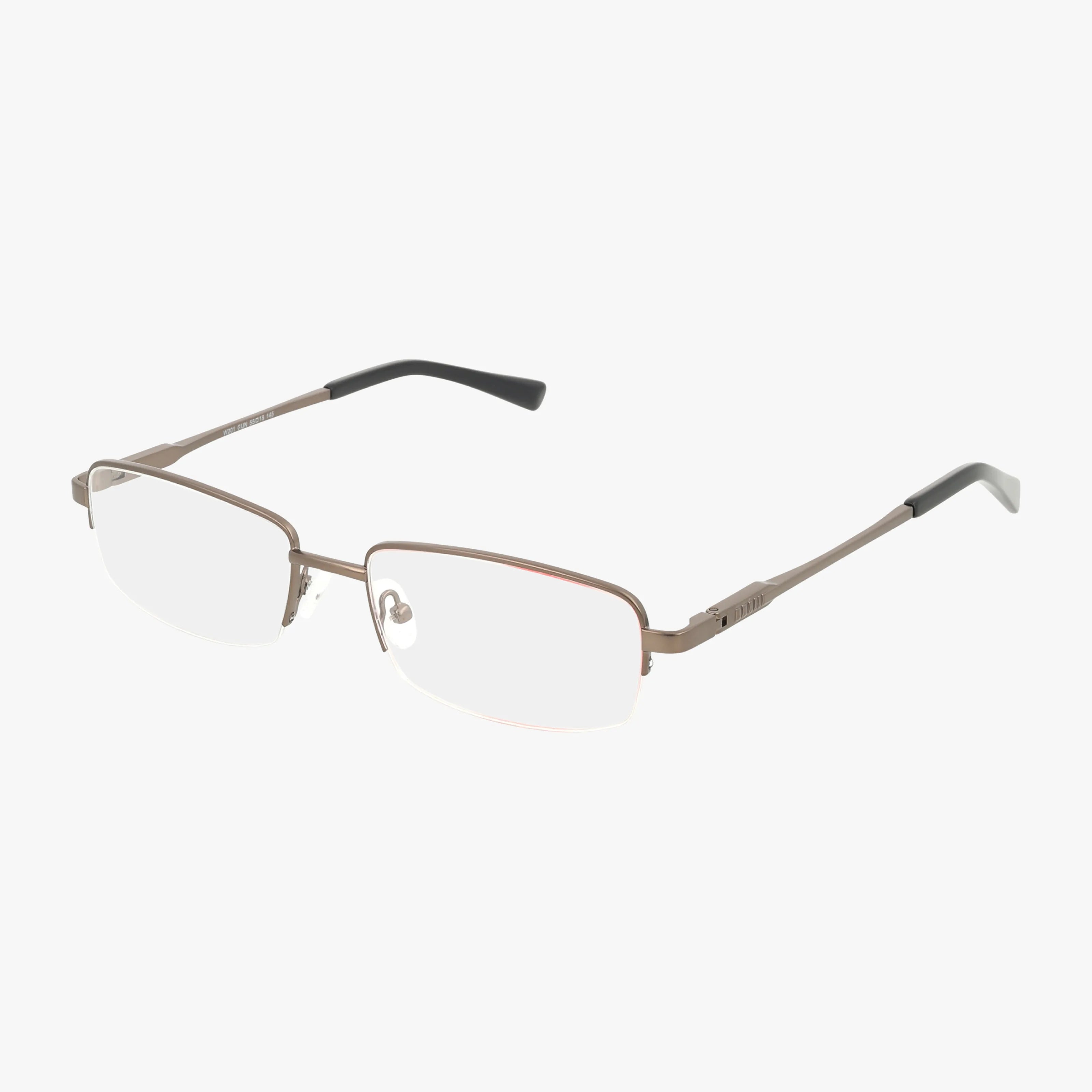 The W201 eyeglasses are rectangular, semi-rimless frames with thin metallic brown construction and black plastic temple tips, featuring classic lines for a stylish look, shown on a white background.