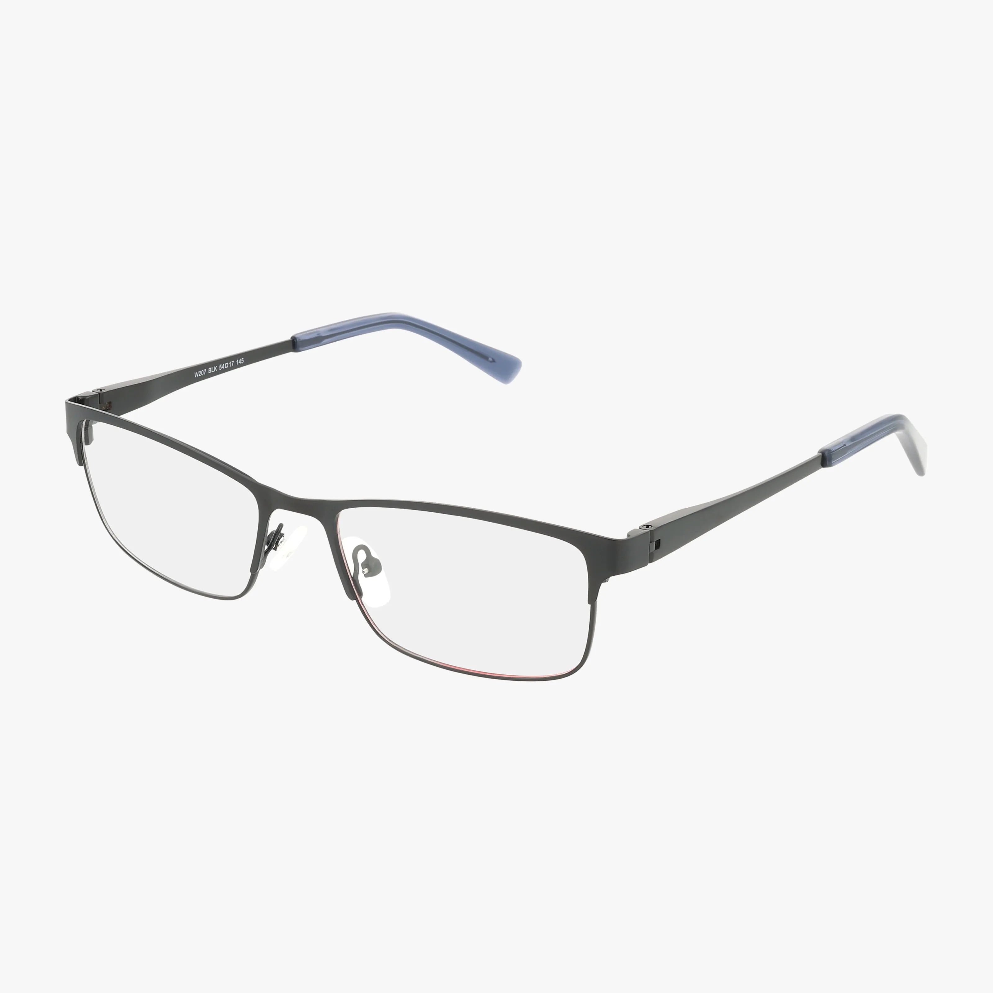 The W207 features rectangular black metal frames with clear lenses and blue-tipped arms, combining a bold design with lasting resilience, displayed on a white background.