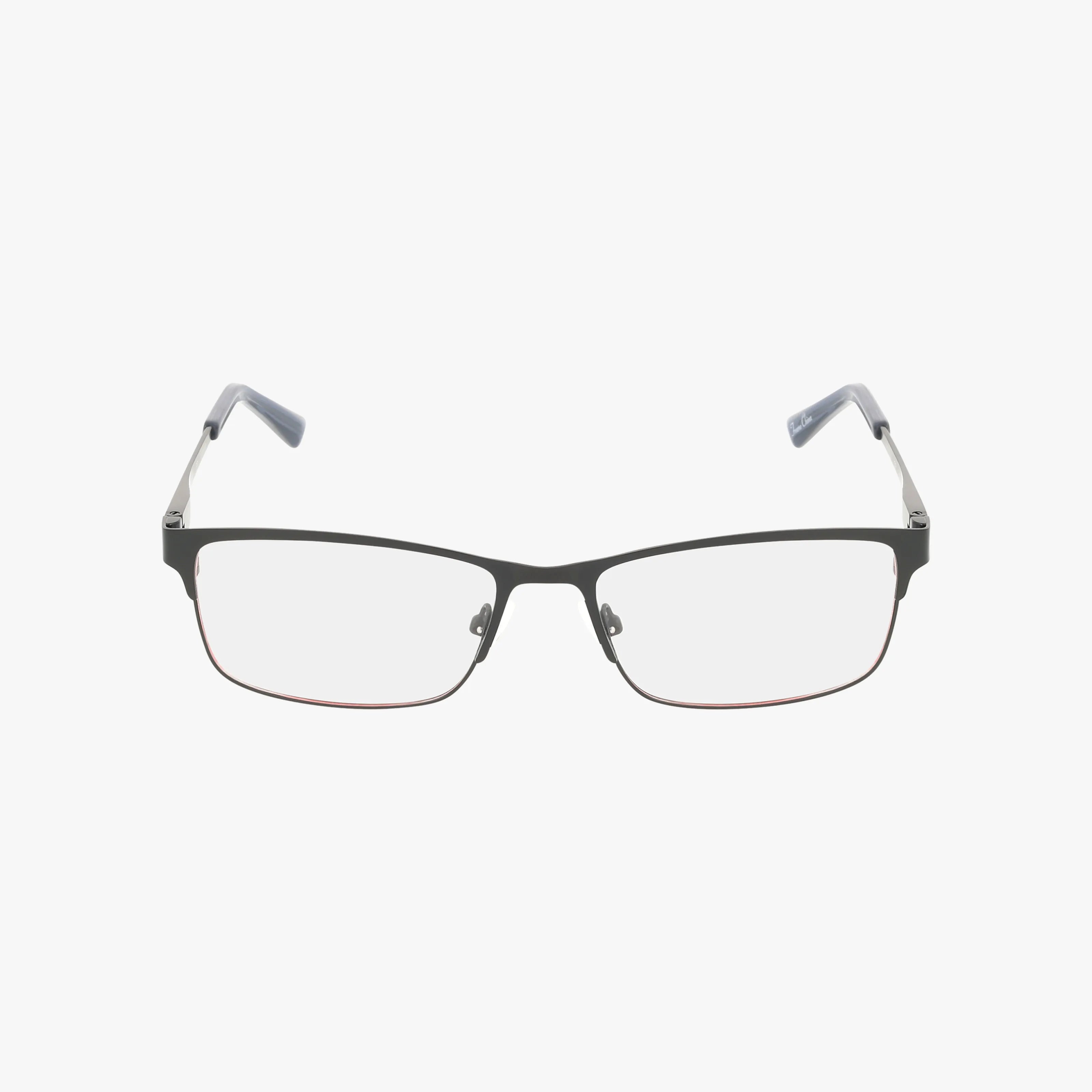 The W207 eyeglasses, featuring a thin dark rectangular frame, clear lenses, and slightly curved gray temples with blue tips, deliver everyday excellence and style—shown on a white background.