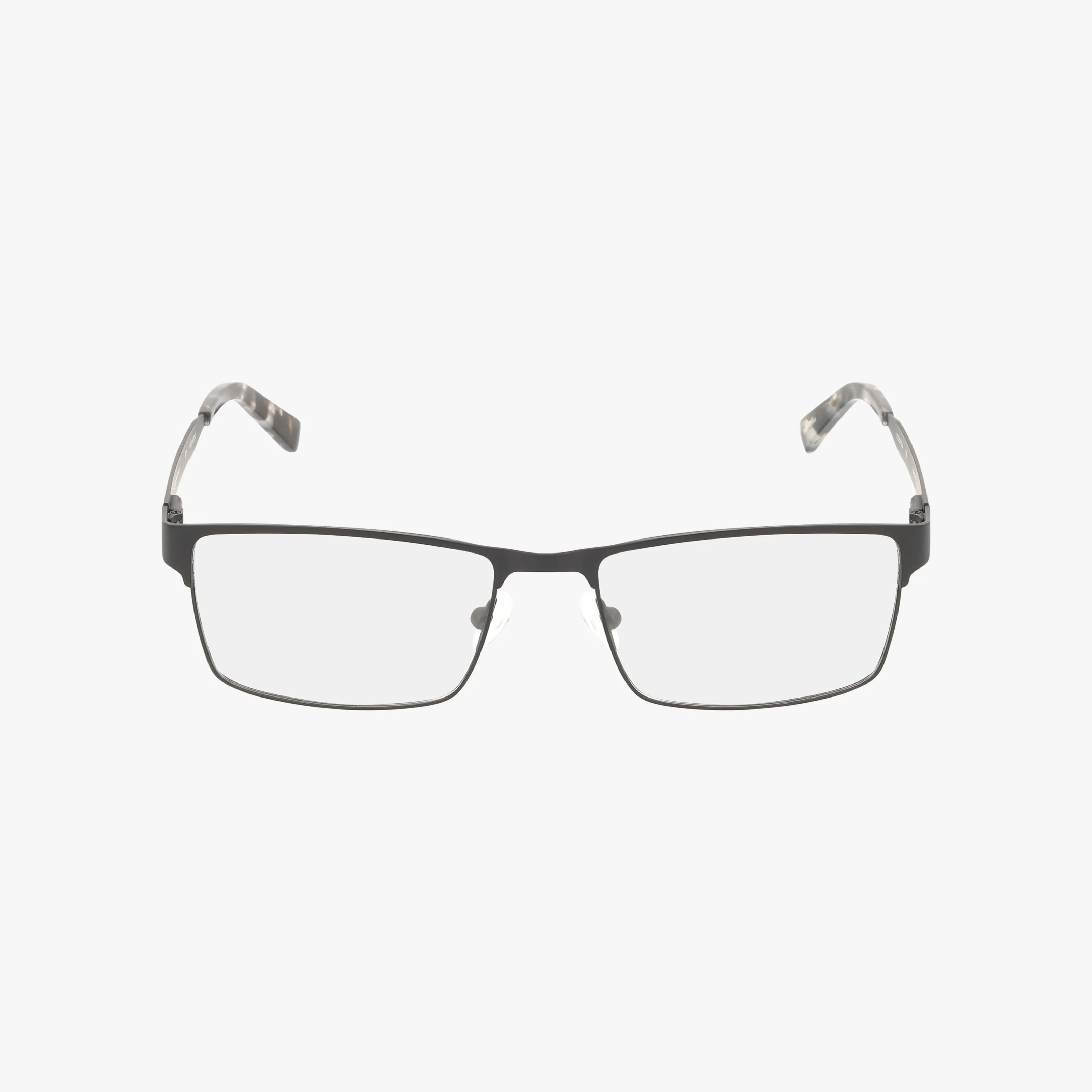 The H161 features rectangular eyeglasses with a thin black metal frame and clear lenses. Slightly curved arms end in marbled grey tips, combining durability with a modern design, presented against a plain white background.