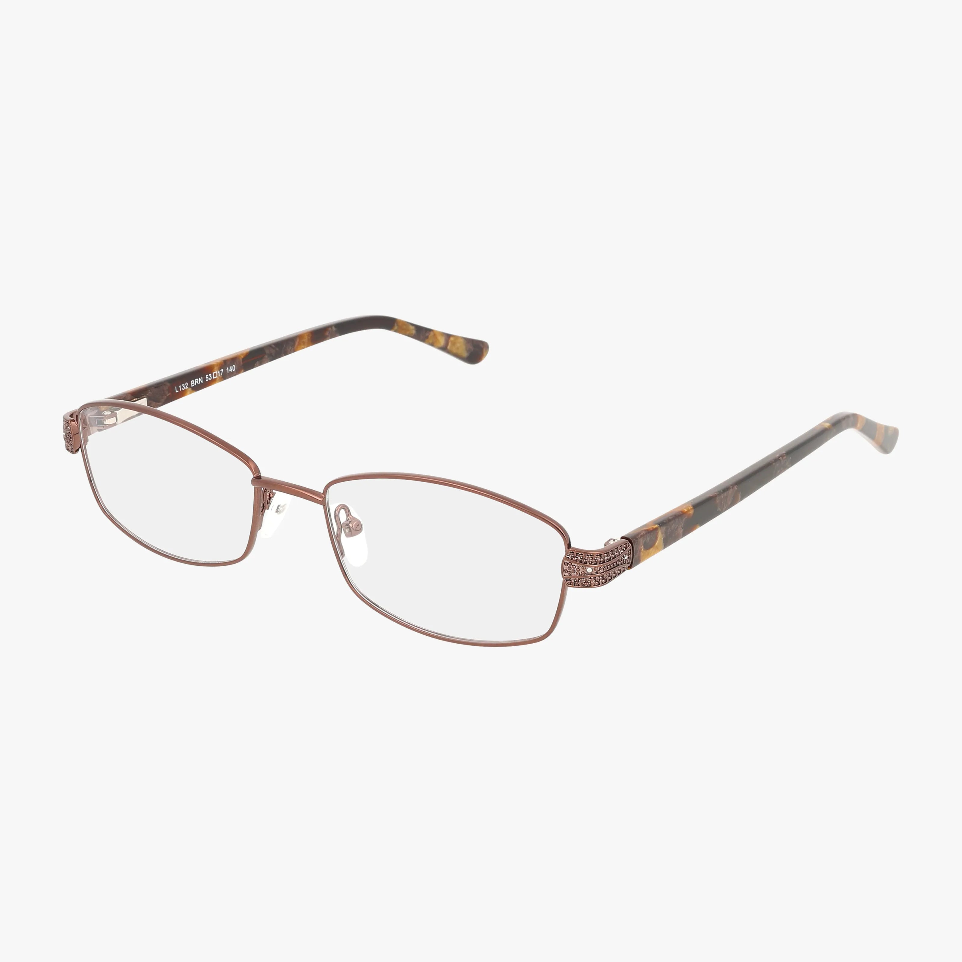 The L132 rectangular eyeglasses feature lightweight thin brown metal rims and patterned tortoiseshell-style arms, offering a sleek, versatile look for buying glasses online. Shown on a white background.