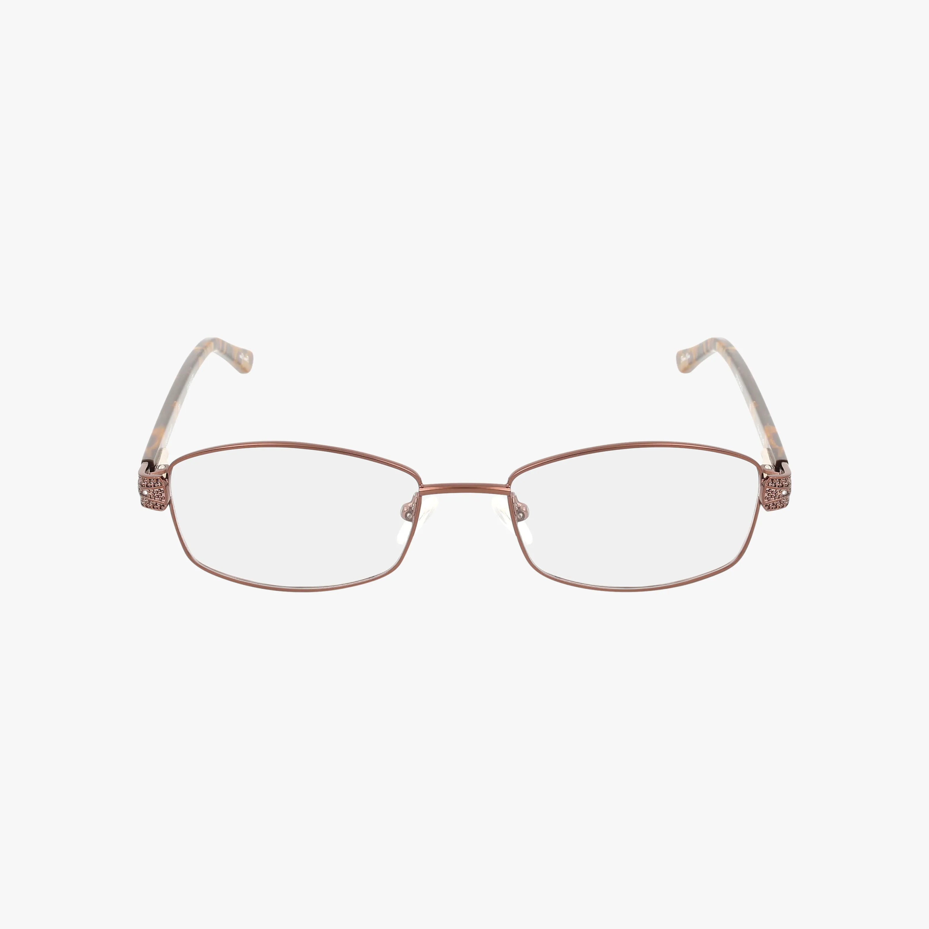 The L132 features rectangular eyeglasses with a lightweight rose-gold metal frame and clear lenses. Slightly curved temples with a subtle pattern near the hinges create a sleek, versatile look against a plain white background.