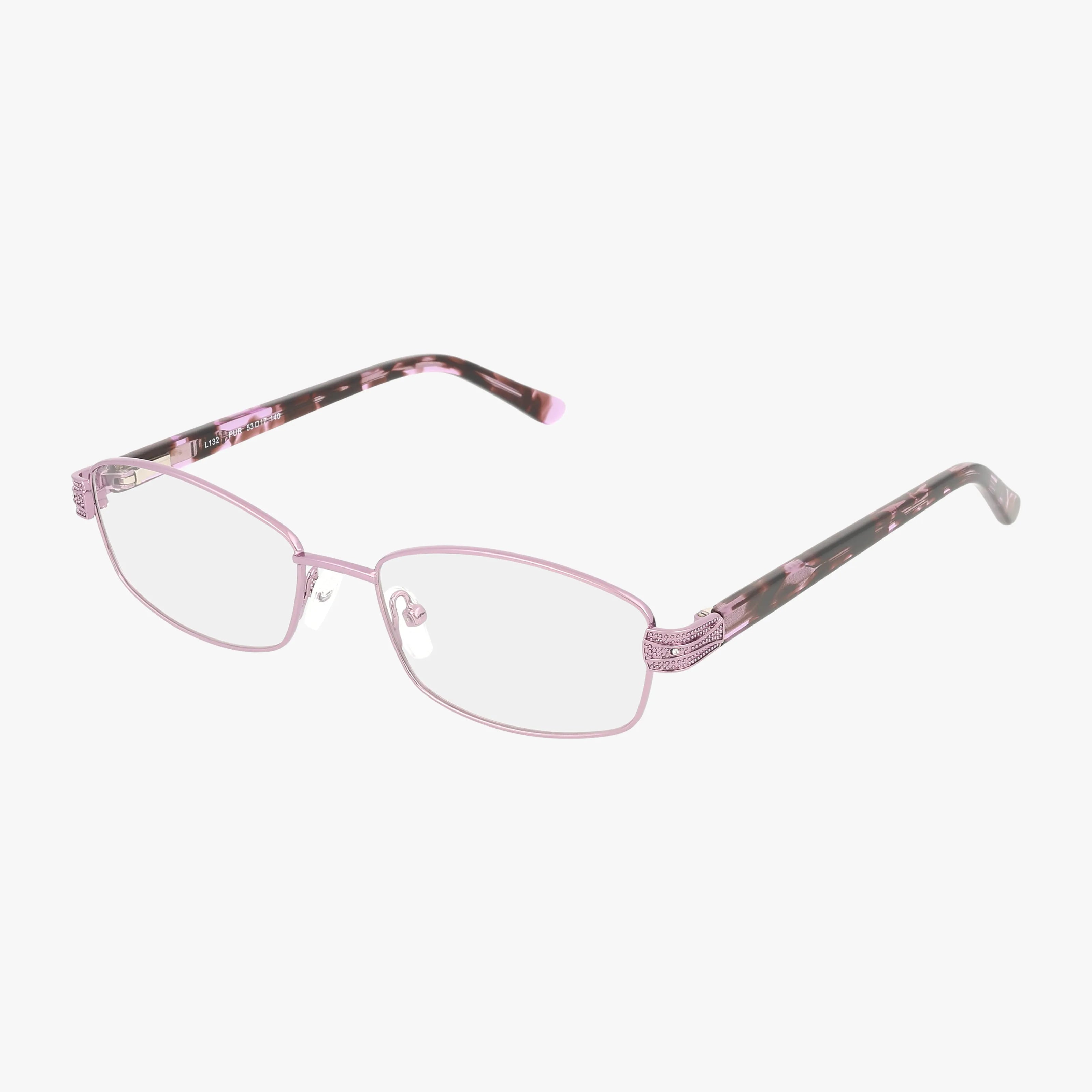 The L132 features rectangular, thin, light pink metal frames with tortoiseshell-patterned arms for a sleek, versatile look. Lightweight and perfect for online purchases, these eyeglasses are displayed on a white background.