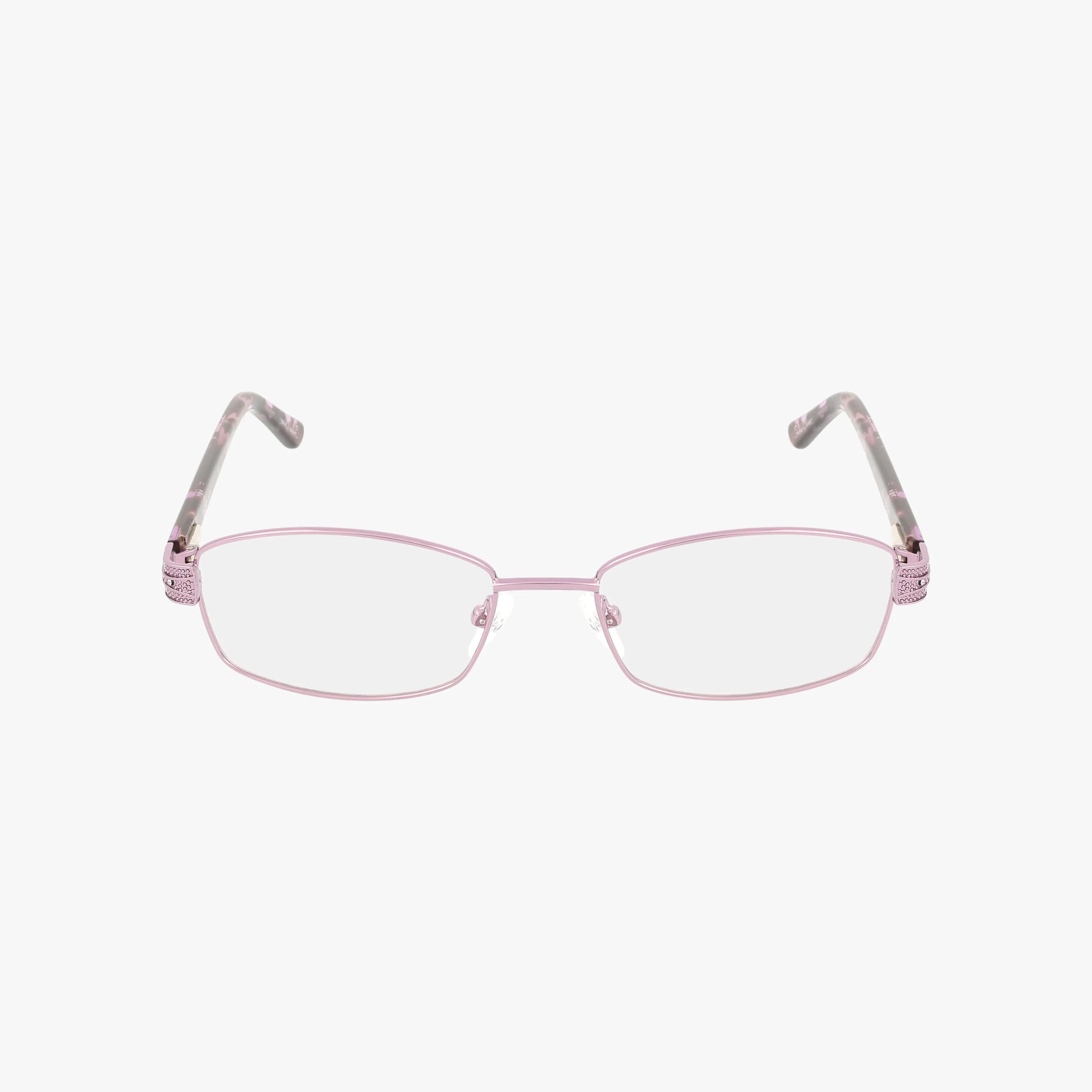 The L132 is a pair of rectangular eyeglasses with lightweight, thin light pink metal rims and translucent plastic temples, shown against a plain white background.
