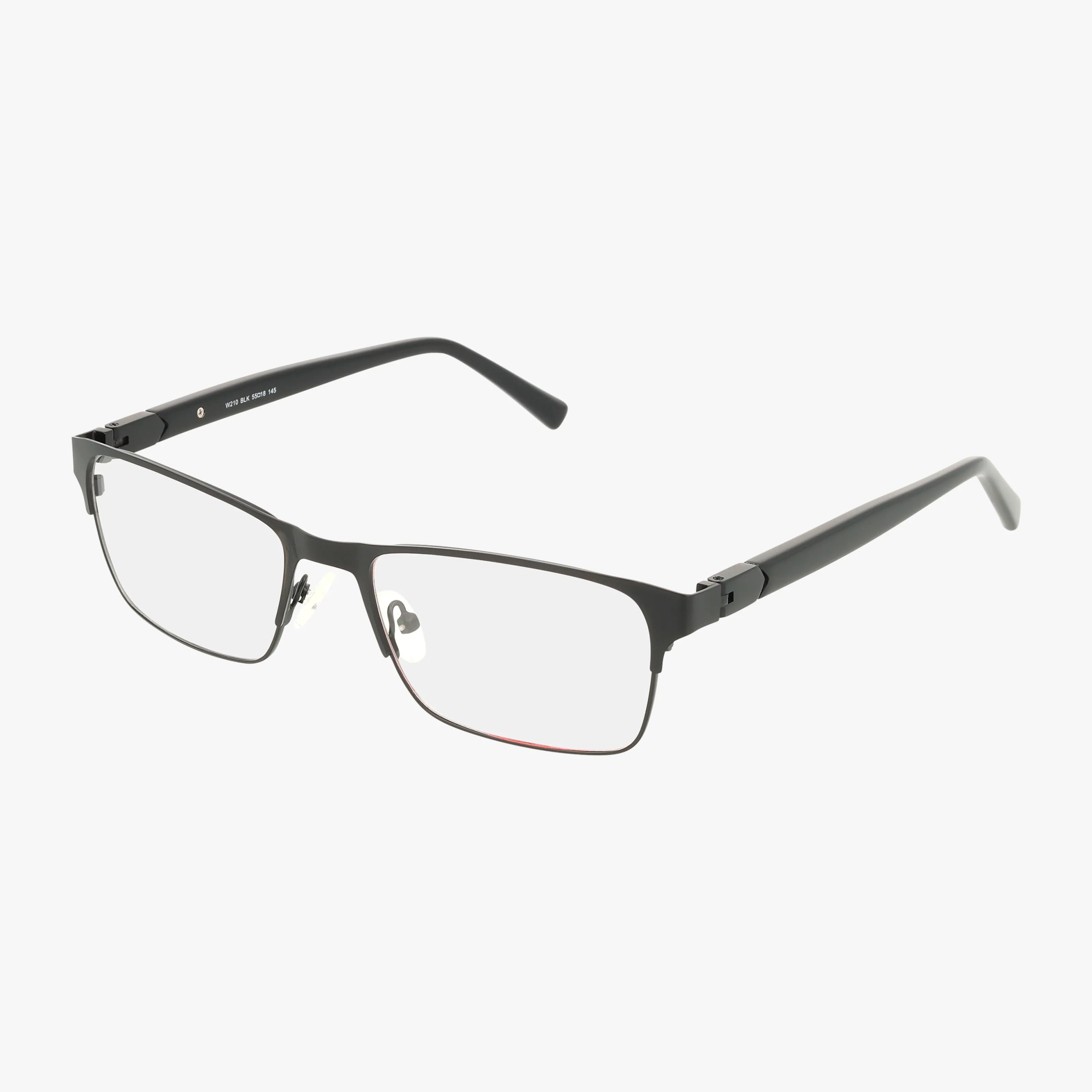 The W210 features rectangular black metal frames with classic design, clear lenses, and black plastic temple arms, displayed on a white background.