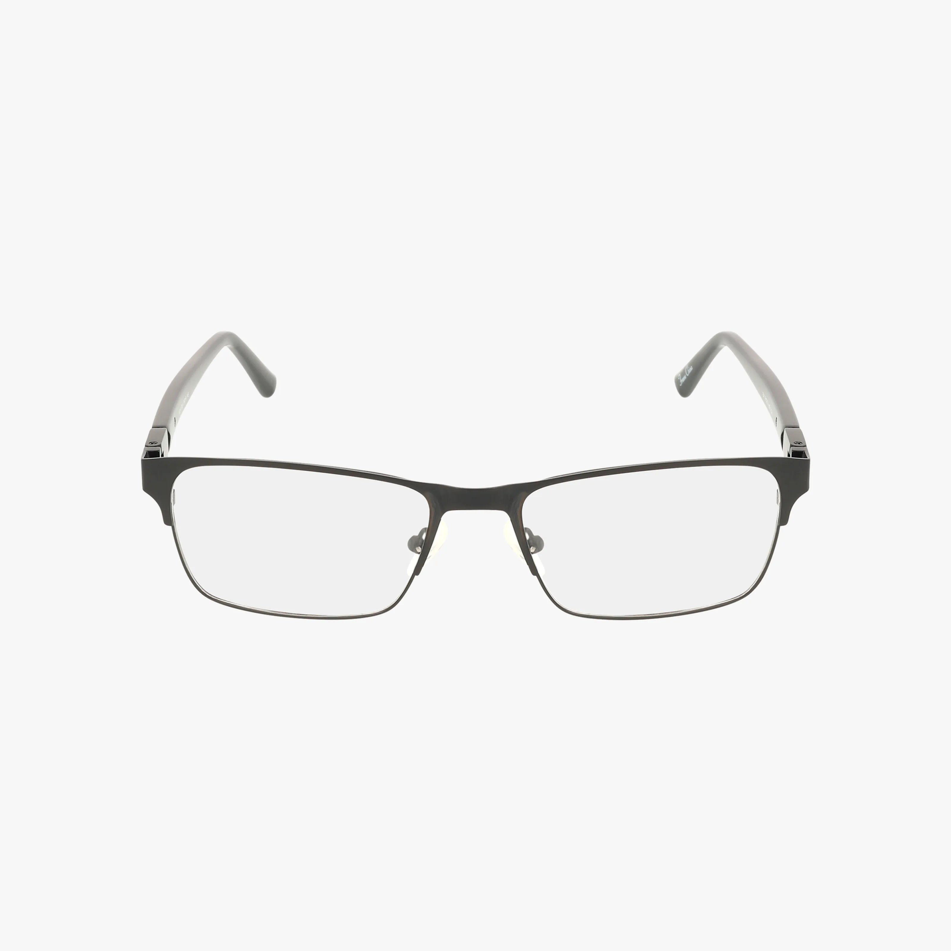 The W210 features rectangular eyeglasses with thin black metal frames and clear lenses, shown on a white background. This classic frame has modern construction with straight temples that curve slightly at the ends.