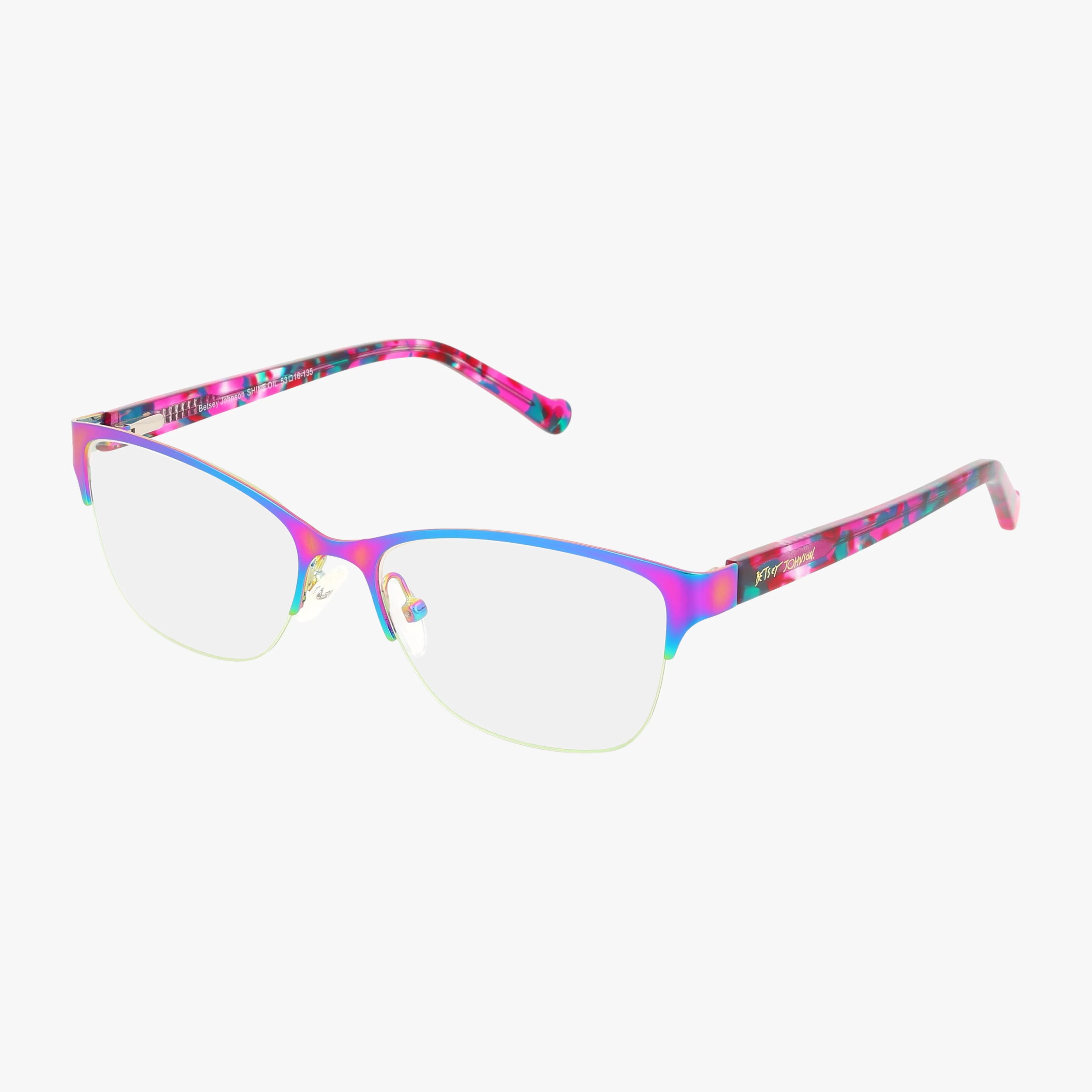 The SHINE eyeglasses have a thin metallic frame in blue, purple, and pink gradient with marbled pink-turquoise arms and clear lenses. Their contemporary design adds flair, showcased on a white background.