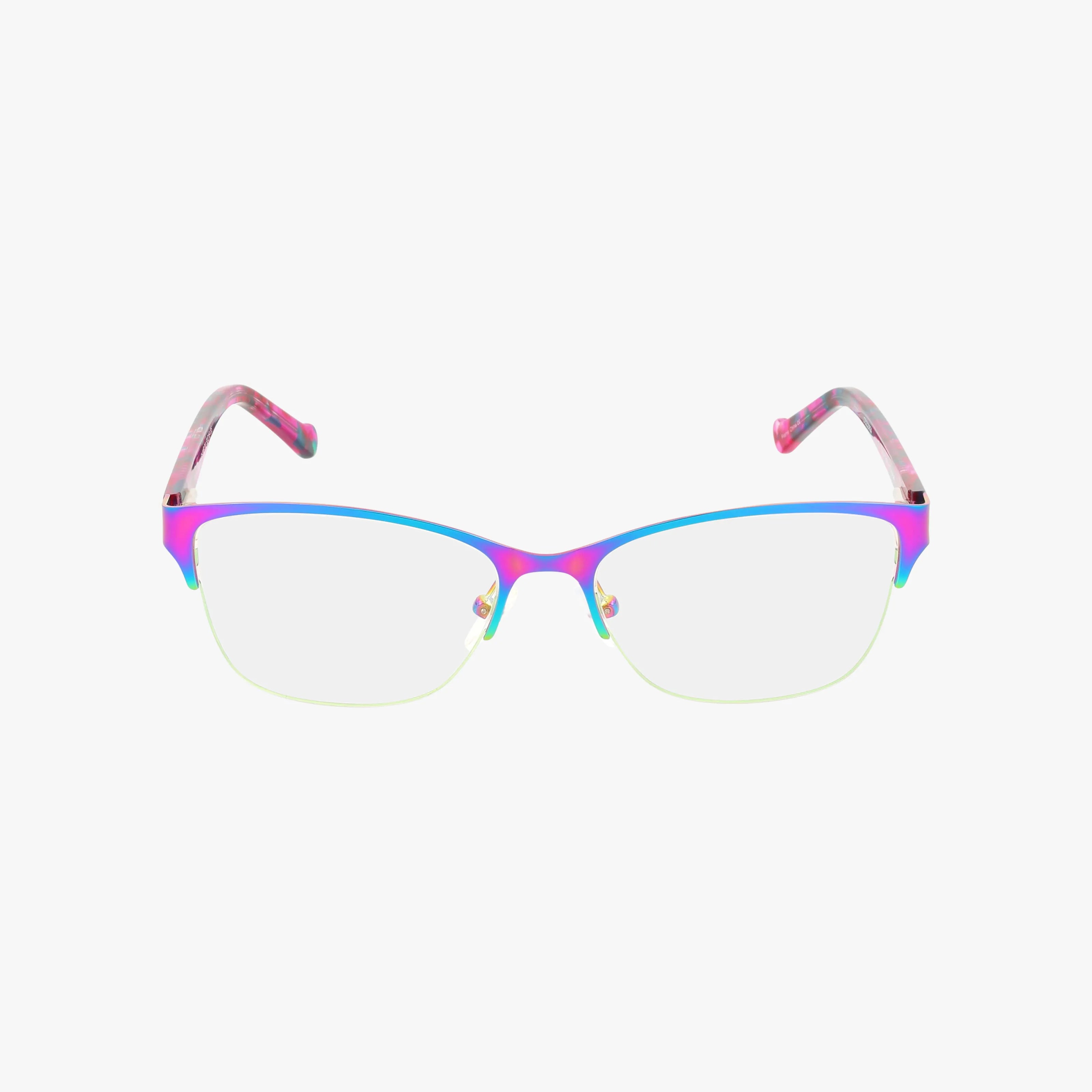 SHINE semi-rimless eyeglasses feature a vibrant gradient frame of blue, purple, and green with pink marbled temples. The durable, contemporary design is showcased against a white background.