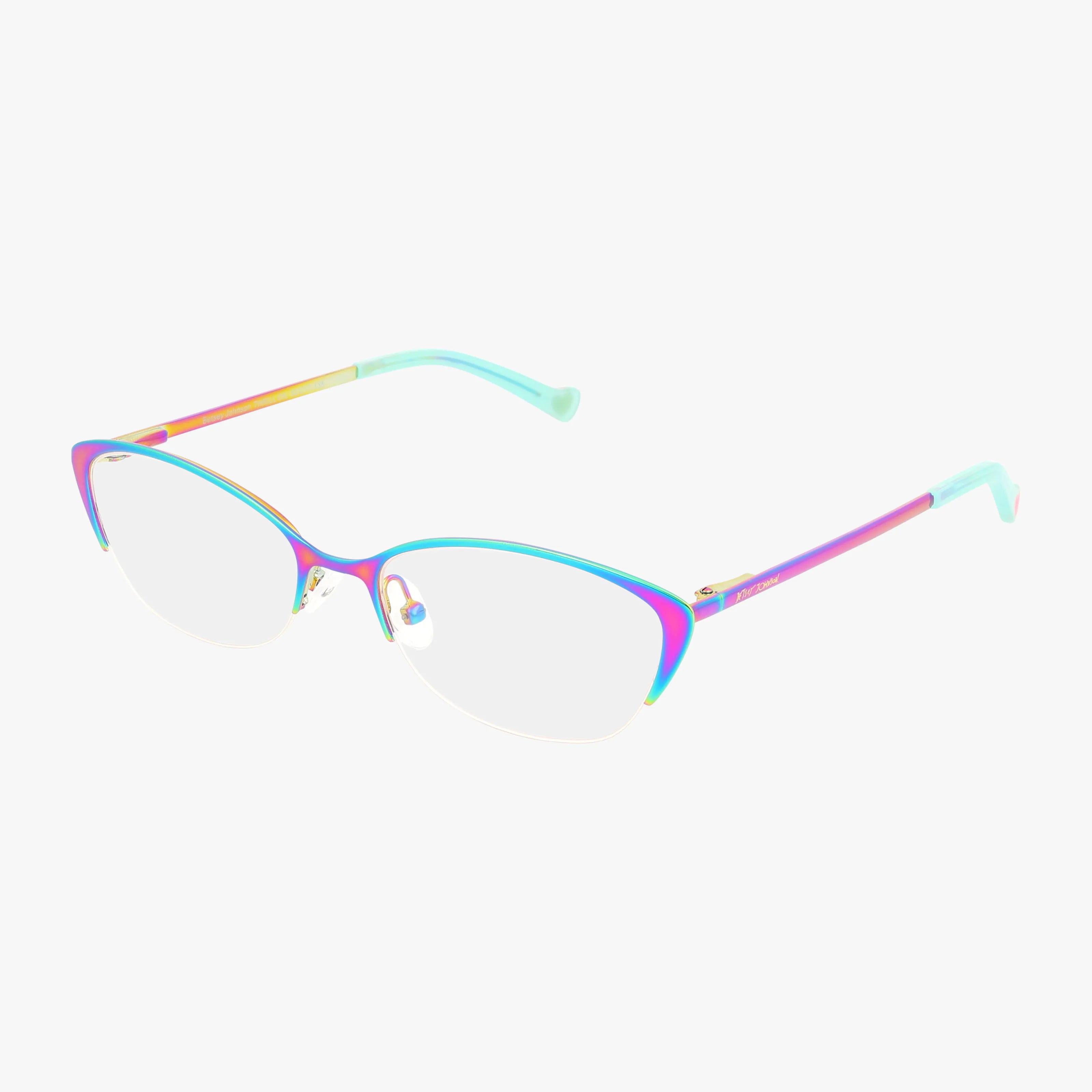 Introducing THRILL: vibrant cat-eye eyeglasses with a gradient rainbow frame and clear lenses, displayed on a white background. Shop THRILL online for bold style and advanced protection.