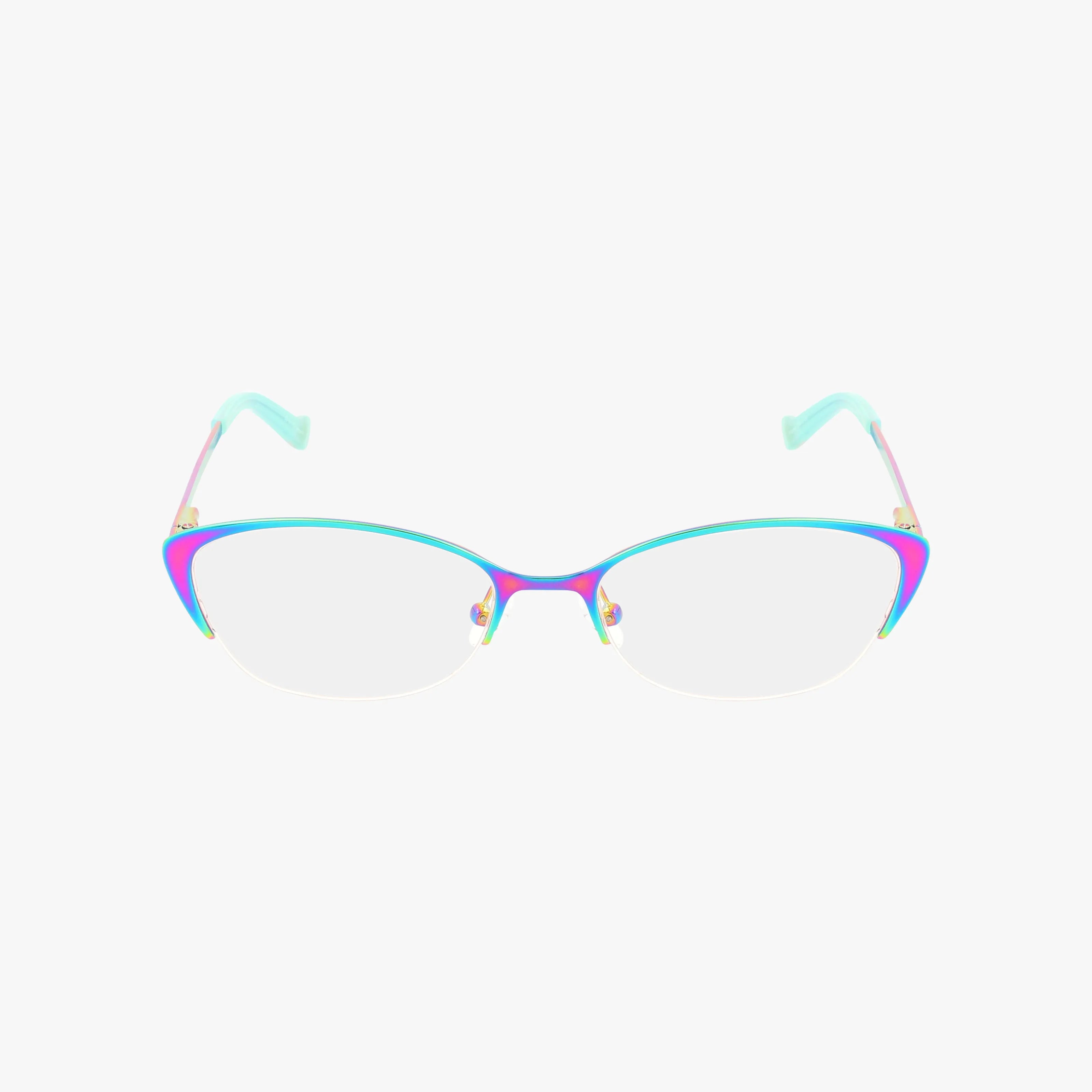 THRILL cat-eye eyeglasses feature iridescent purple, blue, and pink frames with light blue temple tips, shown on a plain white background—perfect for buying chic glasses online.