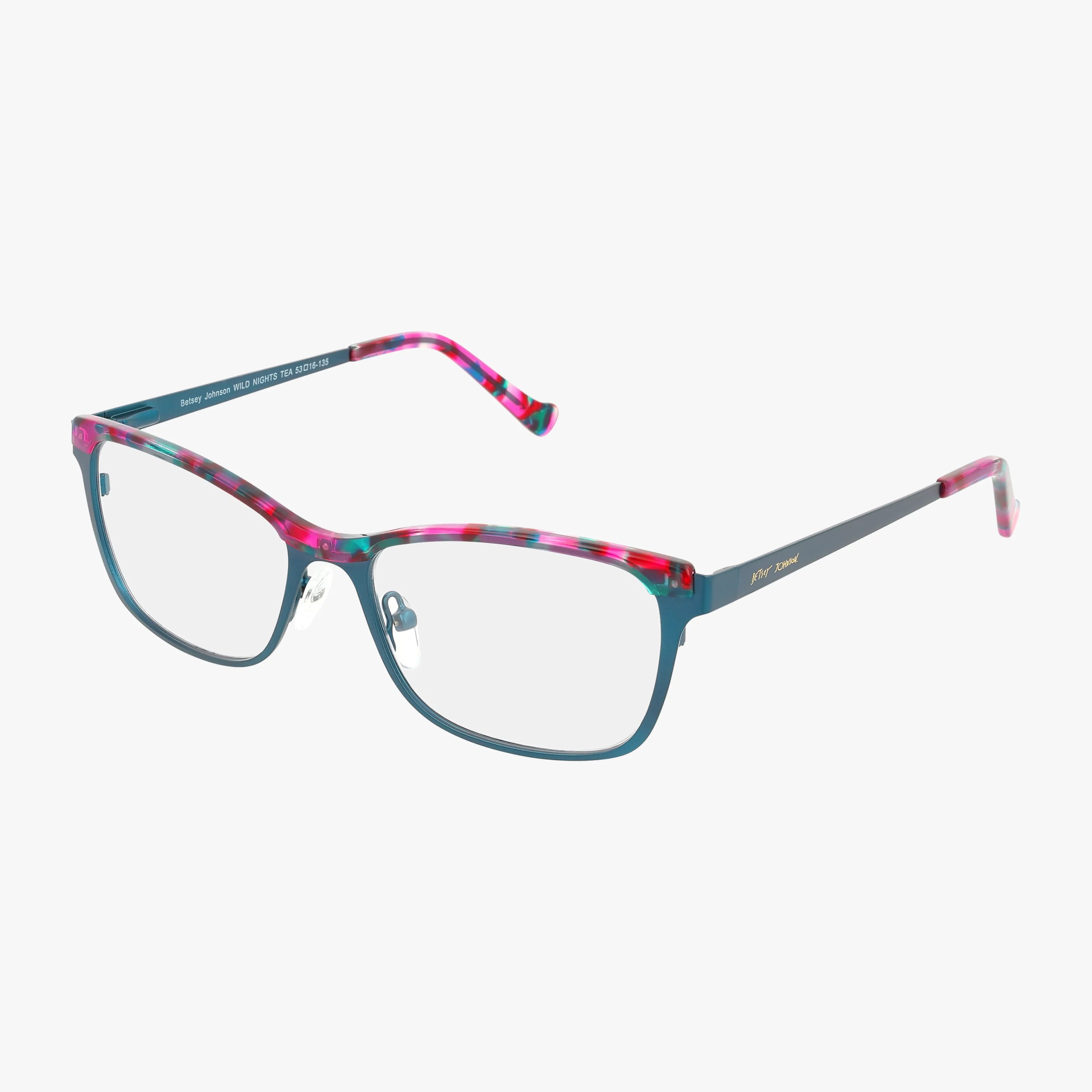 WILD NIGHTS eyeglasses feature blue, lightweight frames with multicolored pink, red, and teal accents on the top and temples, clear lenses, and adjustable nose pads, shown on a white background.