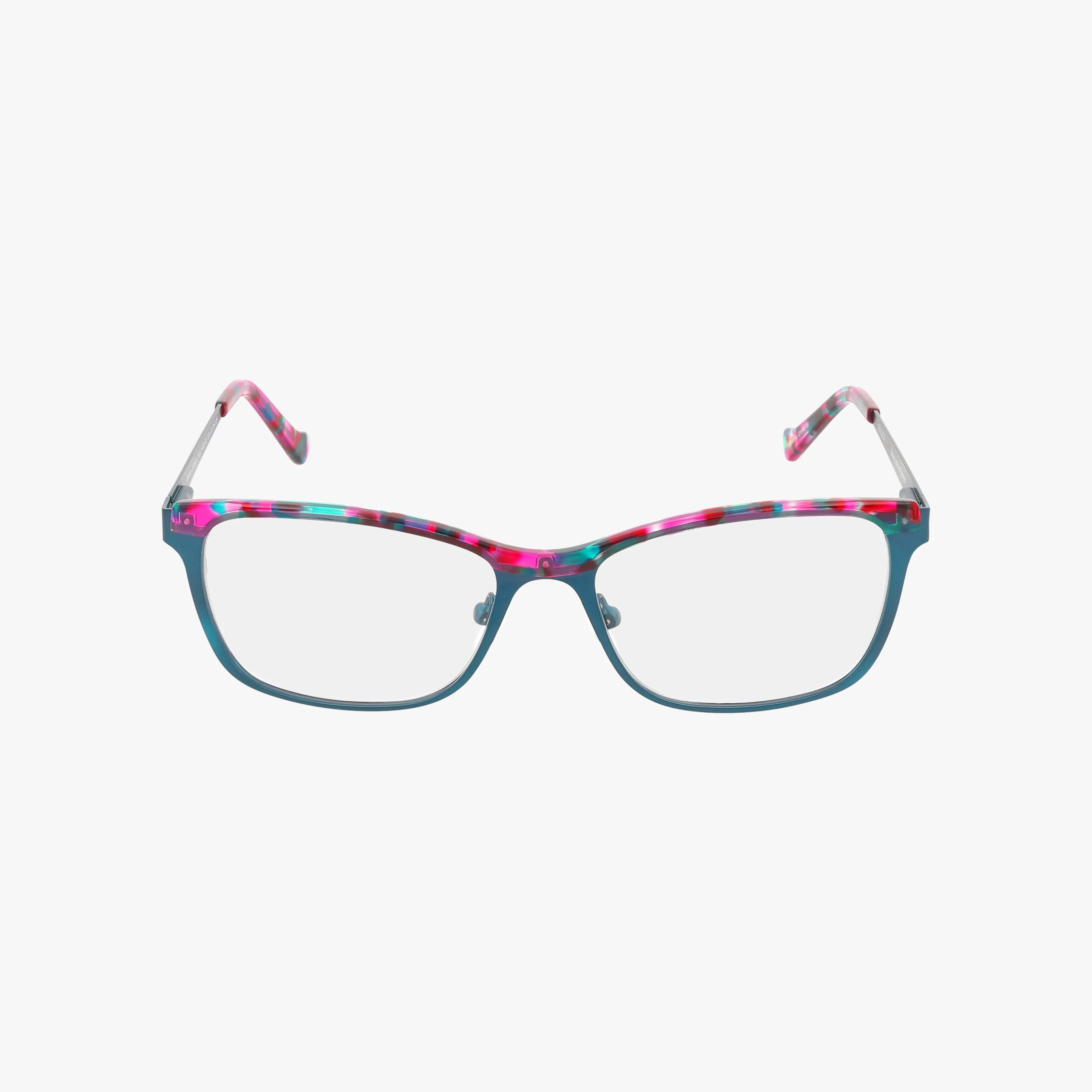 The WILD NIGHTS eyeglasses feature teal, lightweight frames with multicolored accents in pink, red, and green on the upper rims and temples, shown against a white background.