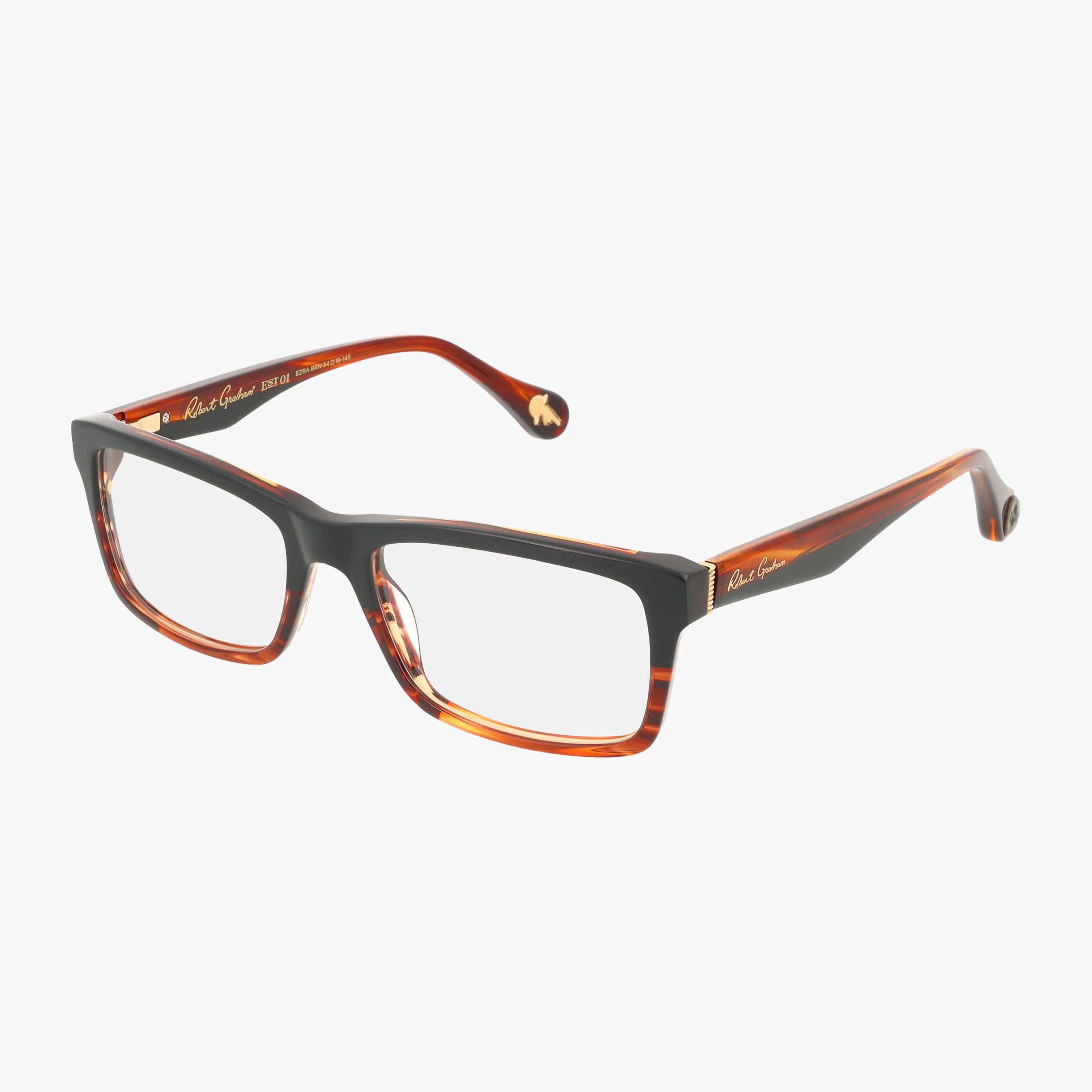 EZRA rectangular eyeglasses showcase a distinct look with dark upper frames and tortoiseshell lower rims and arms, displayed on a plain white background.