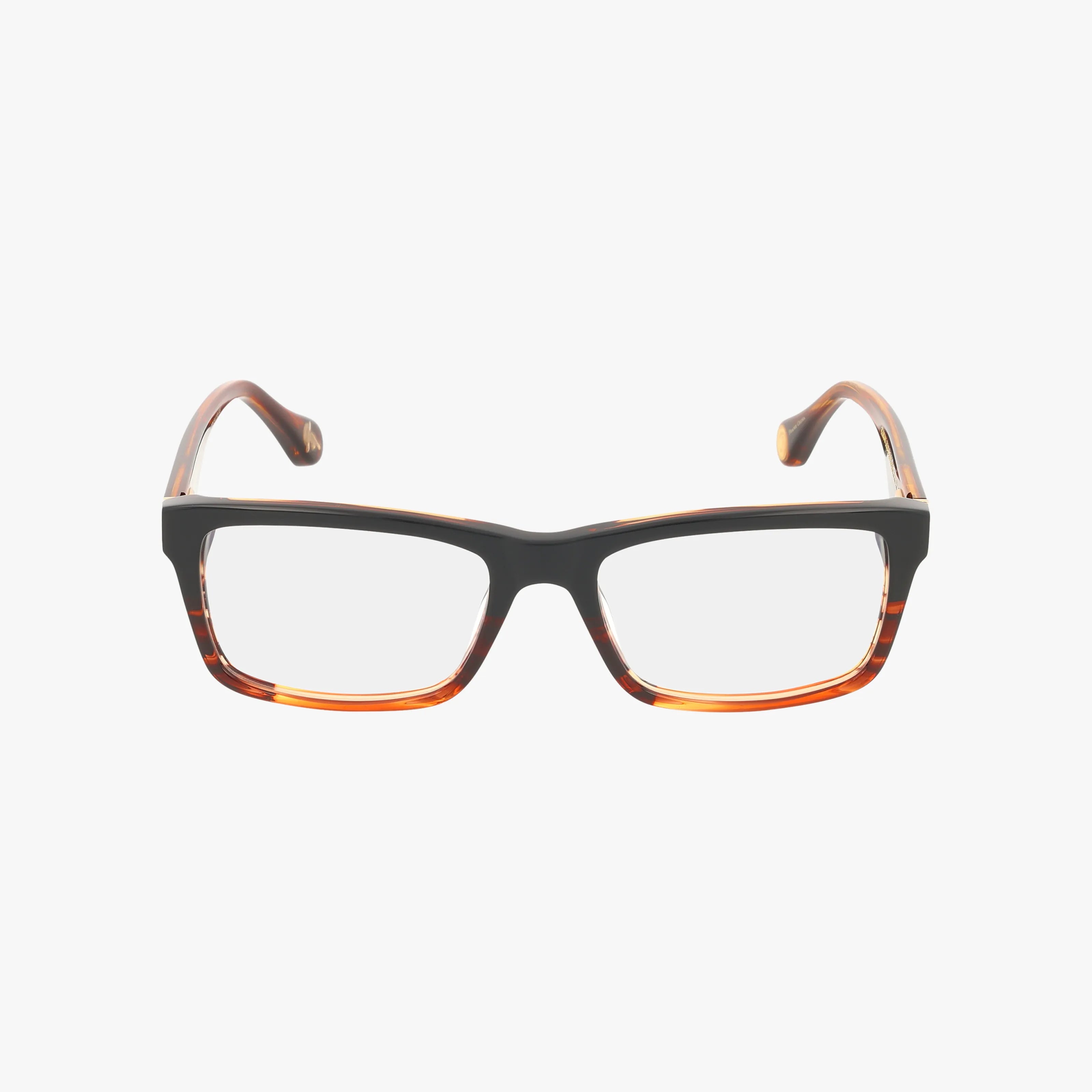 EZRA rectangular eyeglasses feature a black and brown tortoiseshell frame, clear progressive lenses, and gently curved arms for a stylish, functional look, shown against a white background.