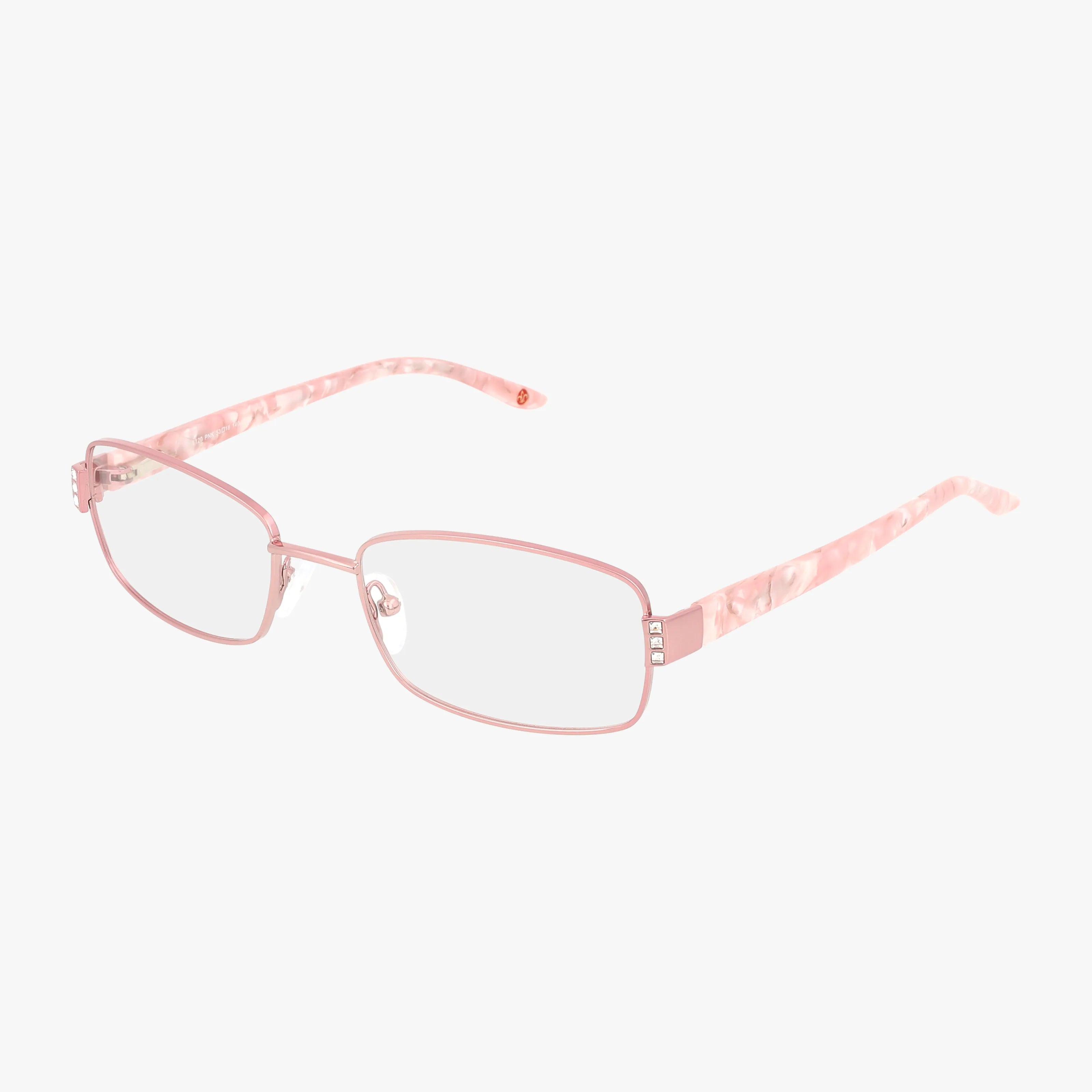 The L120 is a pair of rectangular eyeglasses with thin pink metal rims and marbled pink plastic arms, displayed on a white background.