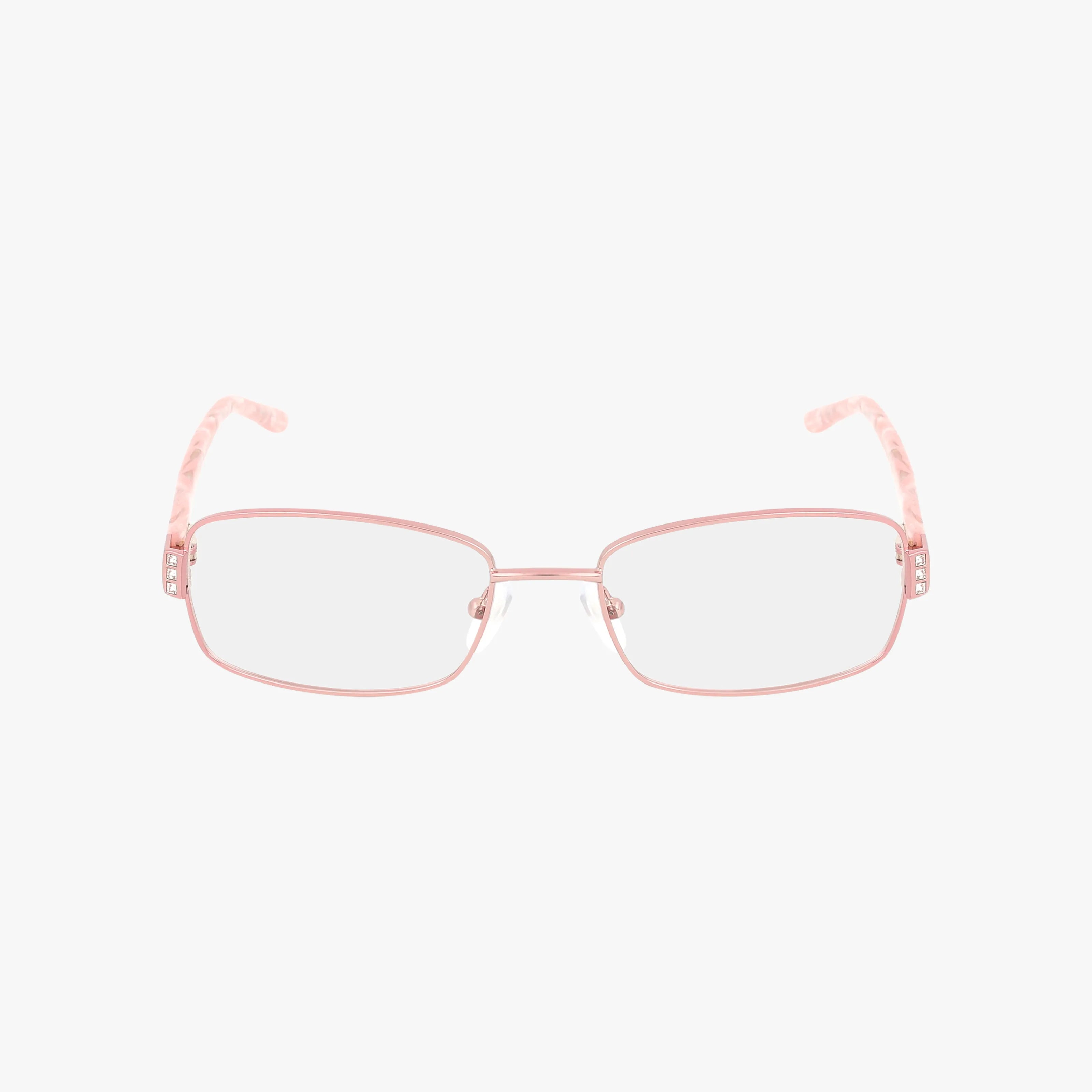 The L120 features rectangular eyeglasses with a slim, light pink metal frame and matching temples, delivering an elegant, sophisticated look. Shown against a plain white background.