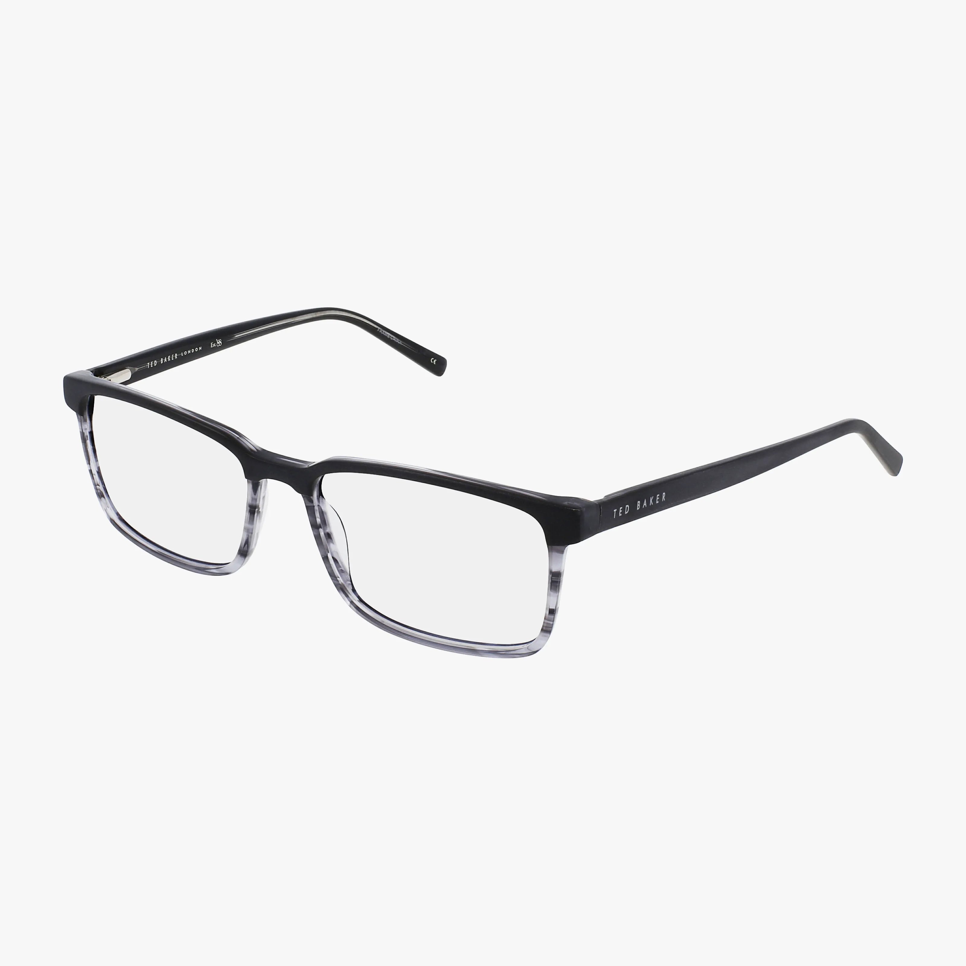 The TB899 is a pair of rectangular eyeglasses with classic lines. Black frames fade to transparent at the bottom, clear lenses, and black temples featuring "TED BAKER" on the left side offer a timeless, stylish look.