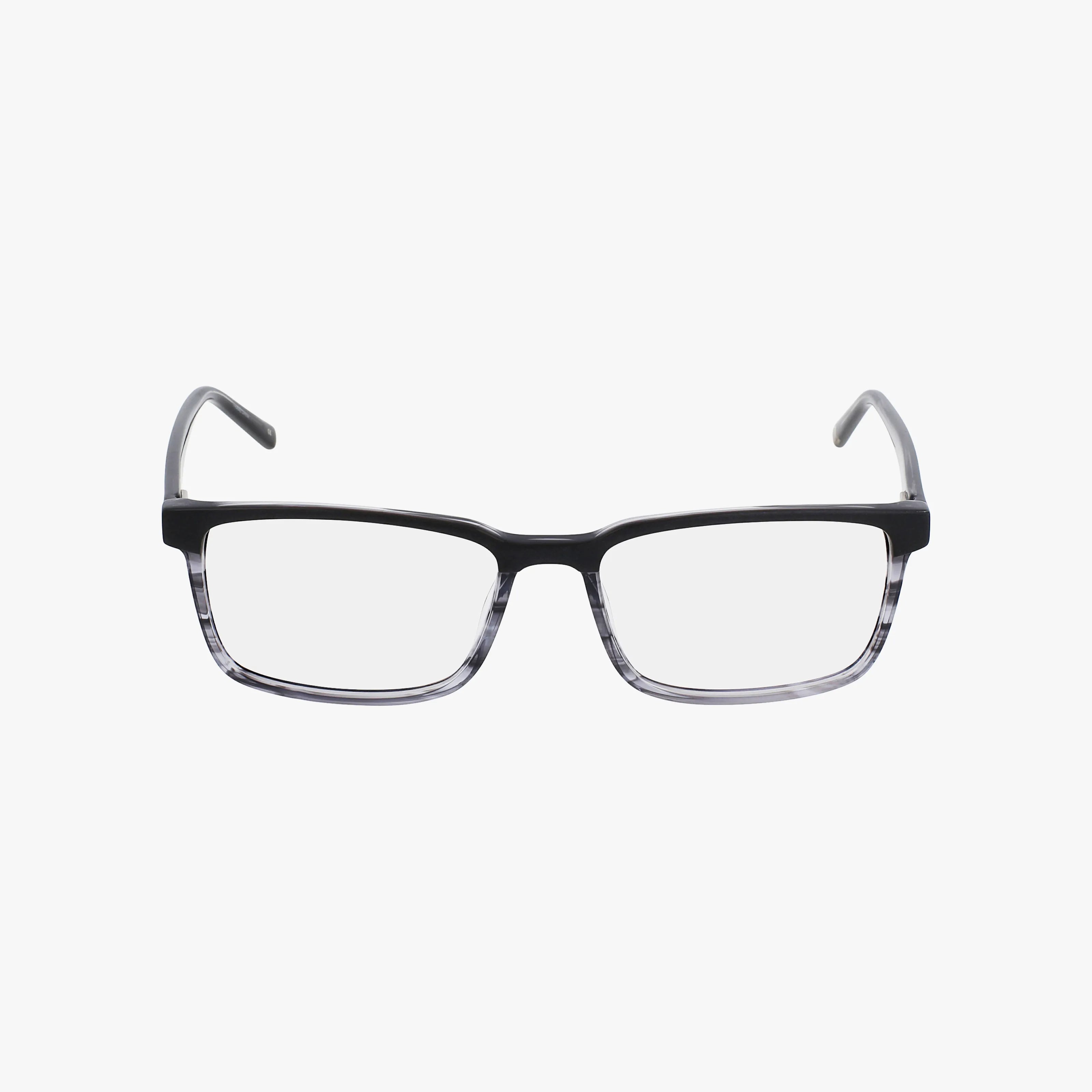 The TB899 is a pair of rectangular eyeglasses with classic lines, featuring a stylish black upper frame and transparent lower rims, shown on a white background.