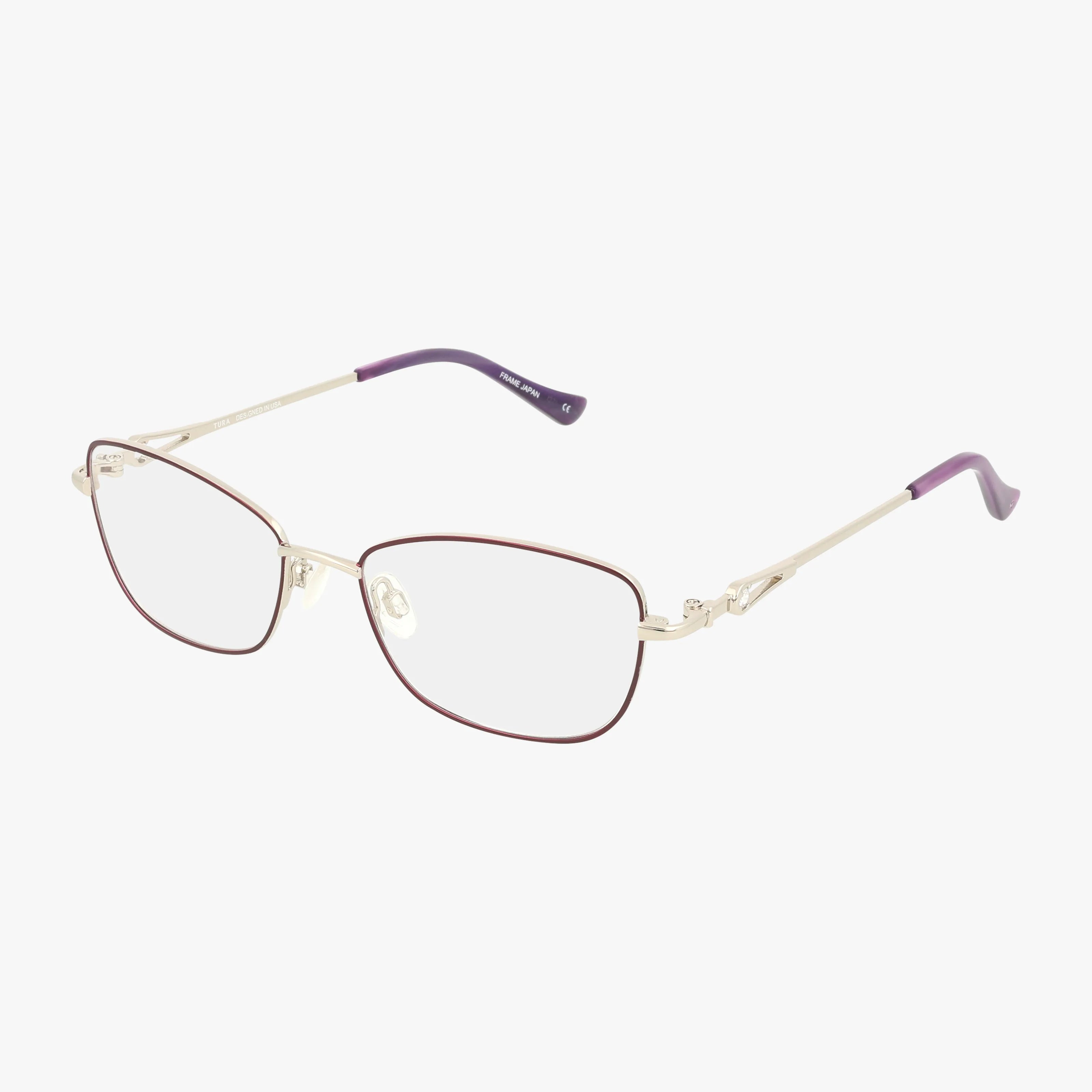 The R582 features sturdy gold metal rectangular frames with thin temples, purple tips, clear nose pads, and a reddish-brown rim accent. Progressive lens compatible. Photographed on a white background.