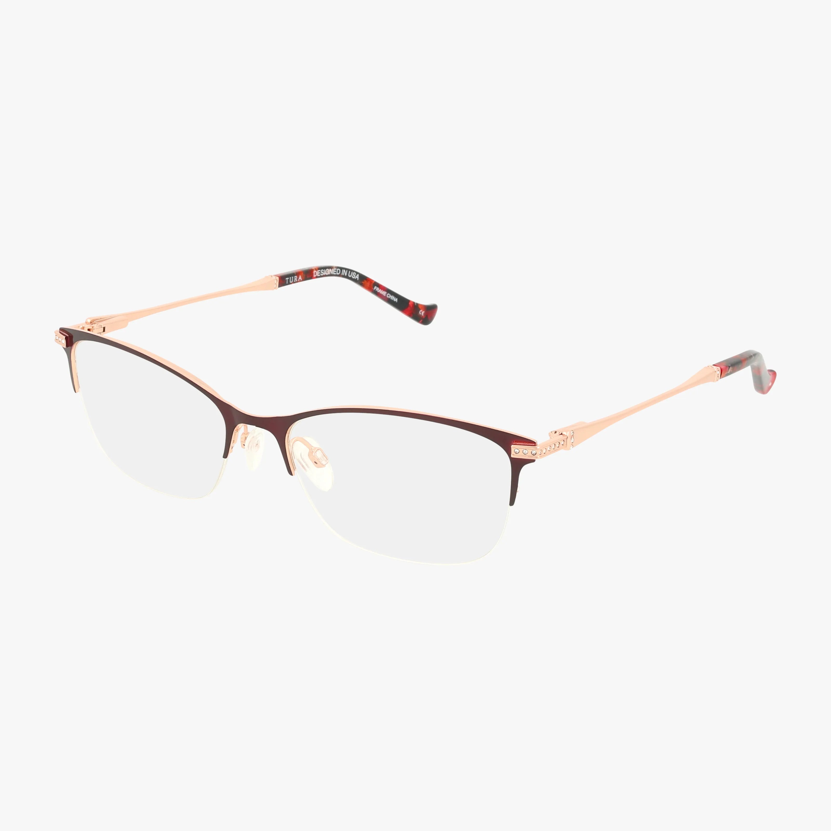 The R230 is a semi-rimless eyeglass with a lightweight, thin bronze metal frame, rose gold temples, clear lenses, and black-red temple tip accents—ideal for daily wear.