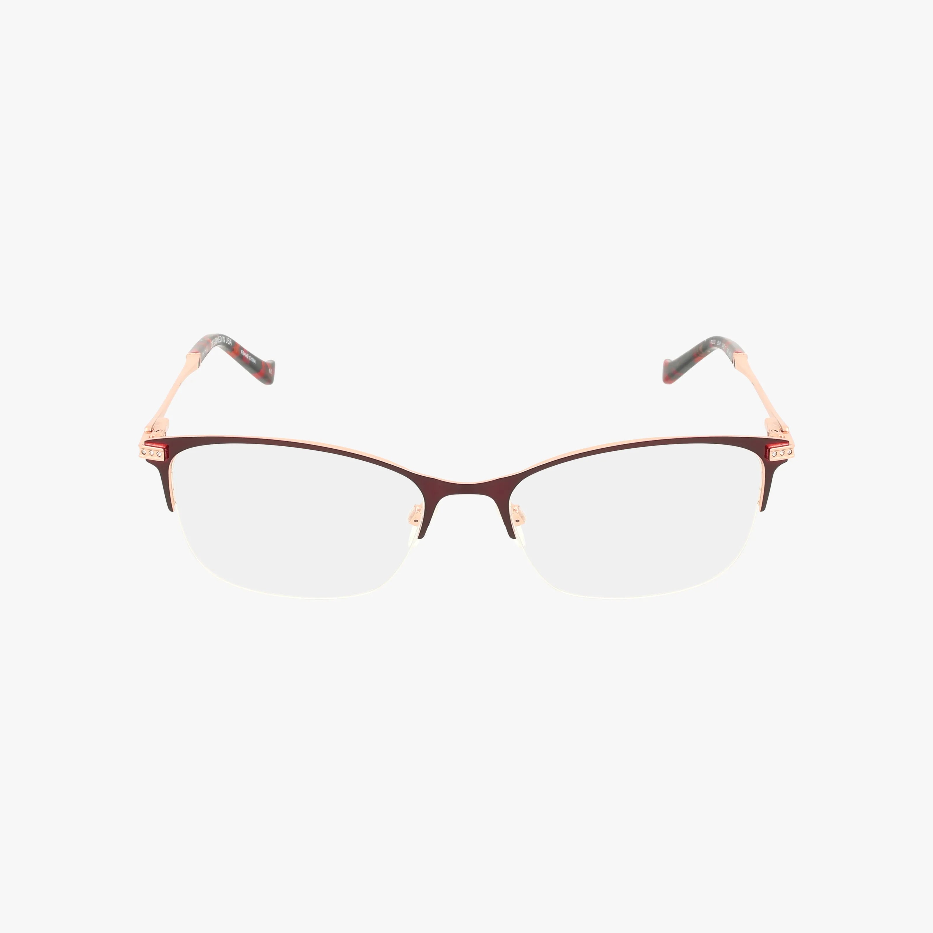 The R230 is a pair of semi-rimless eyeglasses with thin brown metal frames, clear lenses, and rose gold-patterned temple arms. Lightweight for daily wear, they’re shown on a plain white background.