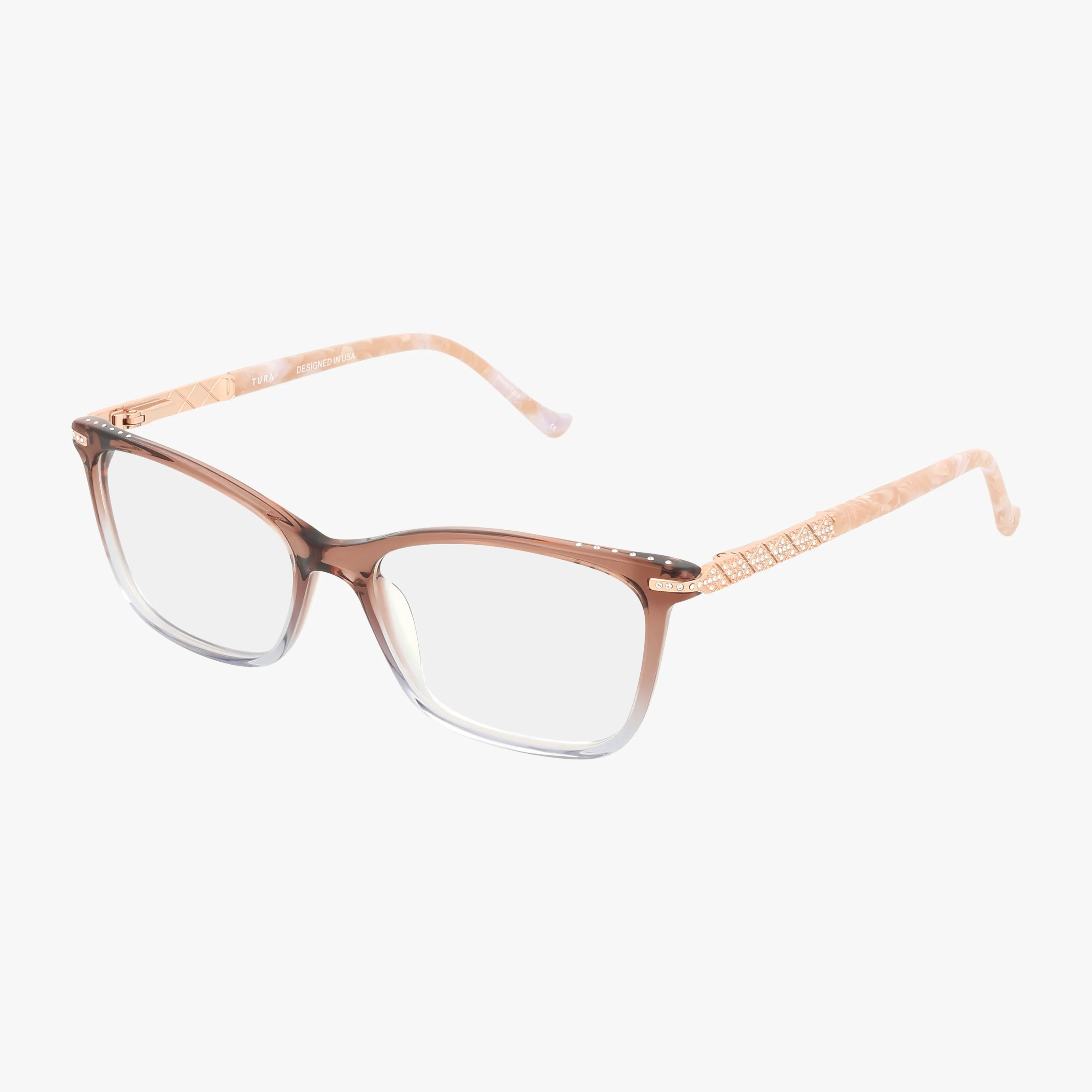 The TE271 eyeglasses feature a chic frame with rectangular, transparent brown fronts and light pink patterned temples, combining stylish design with vision benefits on a white background.