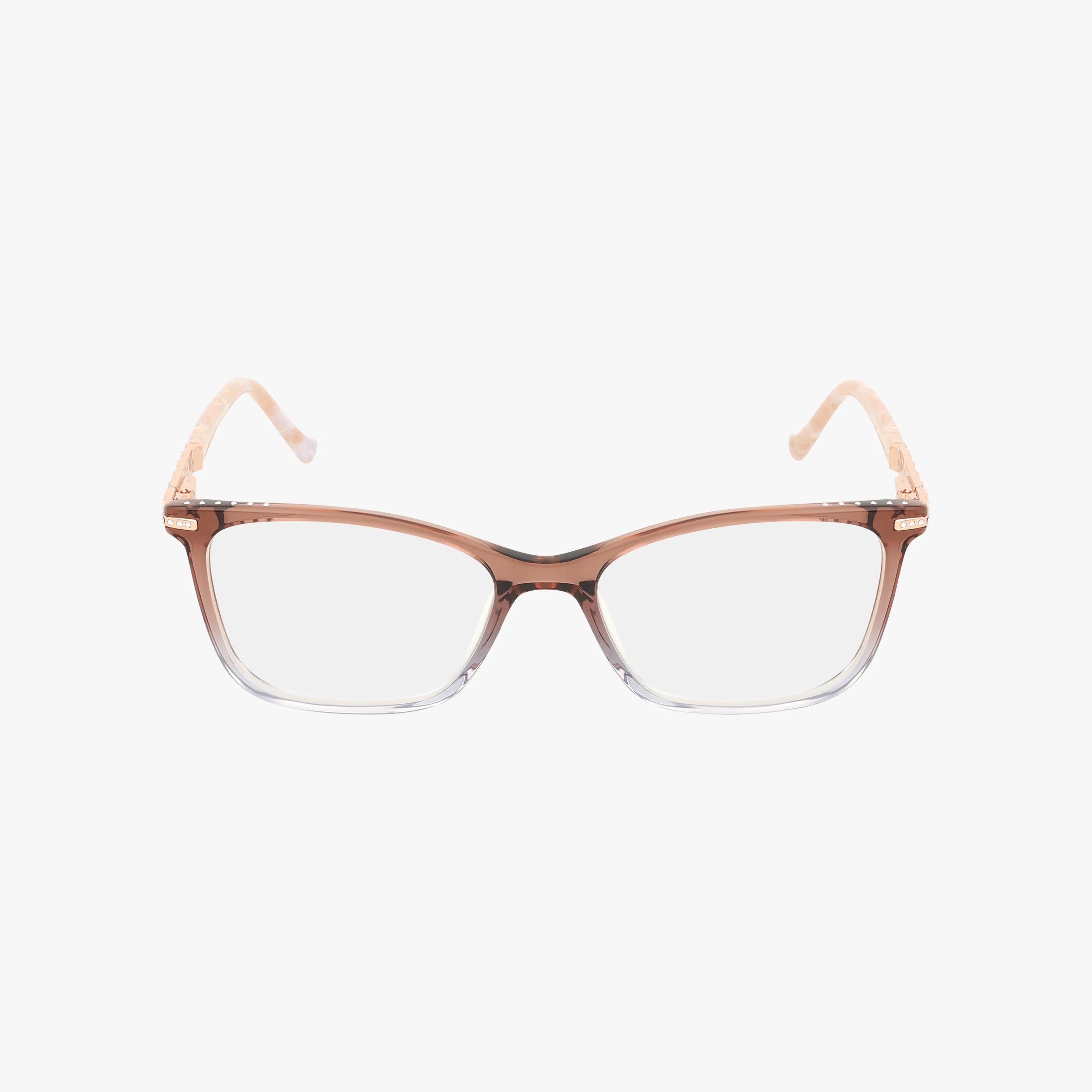 The TE271 rectangular eyeglasses feature a chic brown and clear gradient frame, light-patterned arms, and a robust design, blending style with vision benefits. Displayed on a white background.