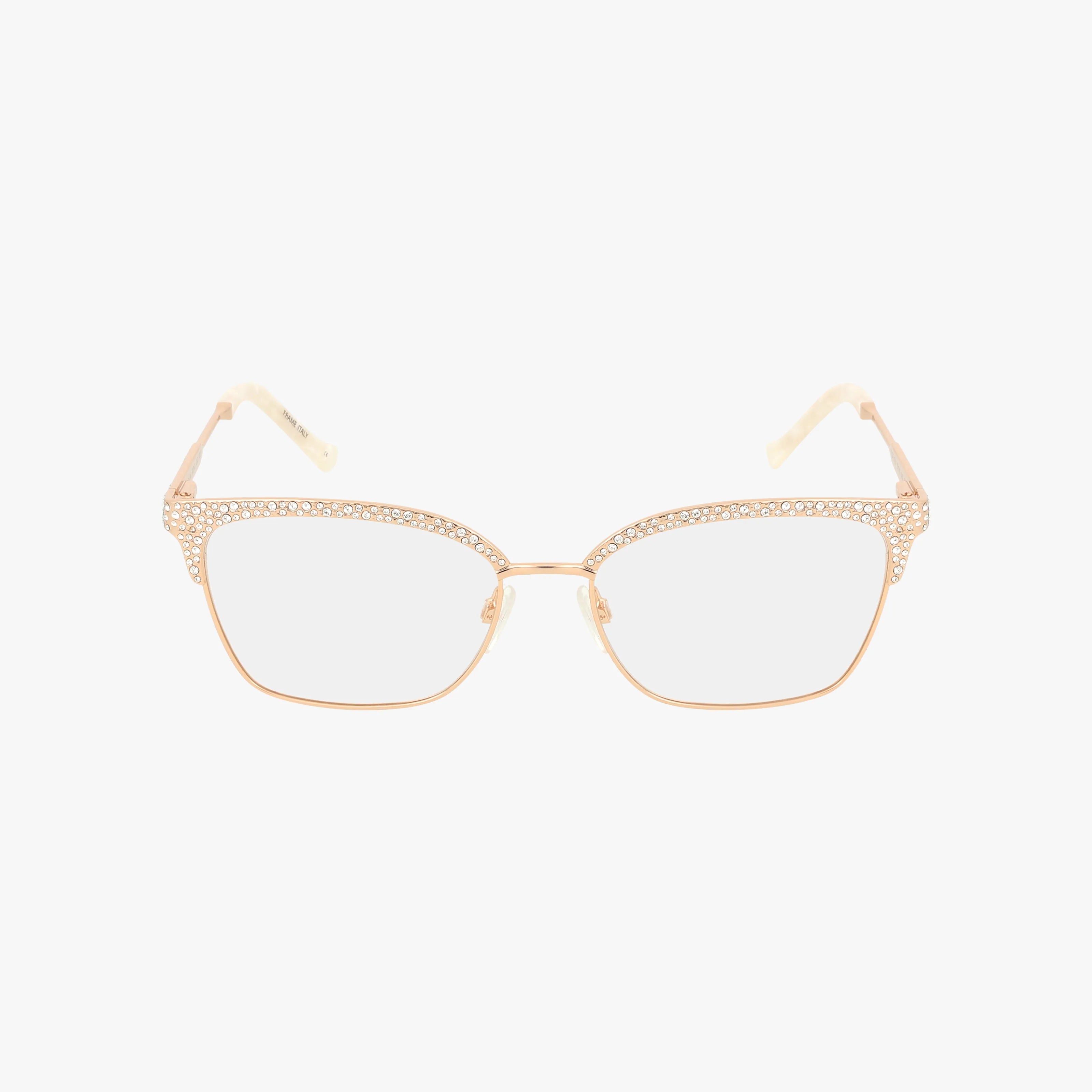 The TE274 features gold metal eyeglass frames with clear lenses and sparkling rhinestones along the top rim and temples, offering a stylish, lightweight, and elegant minimalist design displayed on a plain white background.