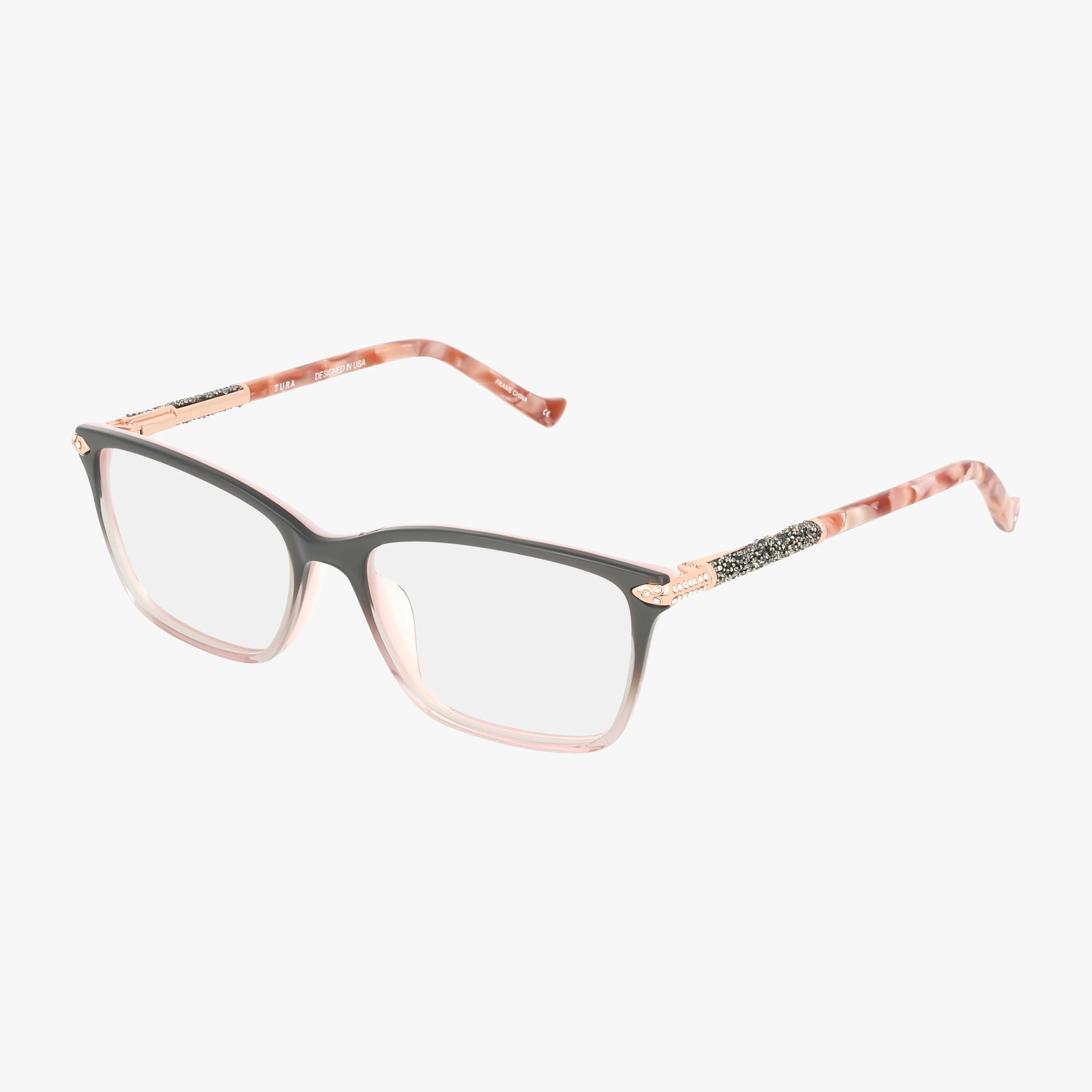 The R702 features square eyeglasses with a polished gradient gray-to-pink frame, gold and rhinestone temple detailing, and pink marbled temple arms for style and durability. Shown on a white background.