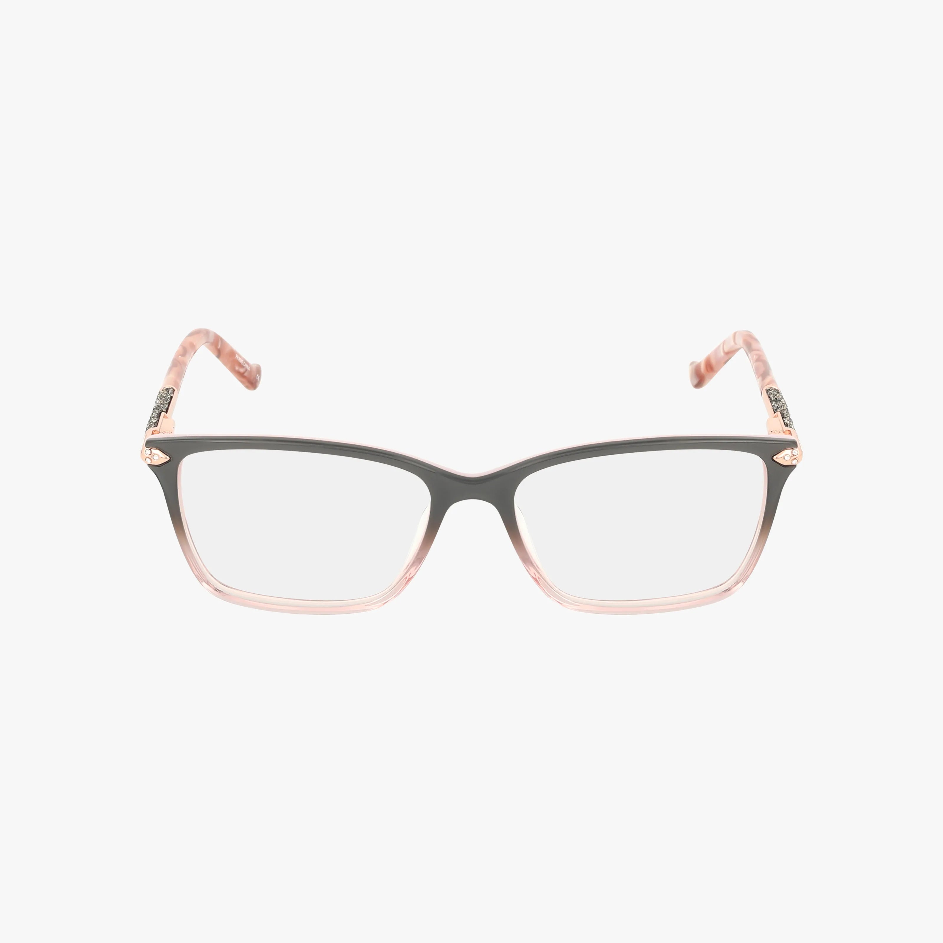 The R702 rectangular eyeglasses feature a polished frame that is dark gray on top with translucent pink edges and temples, offering both durability and style. Shown against a white background.