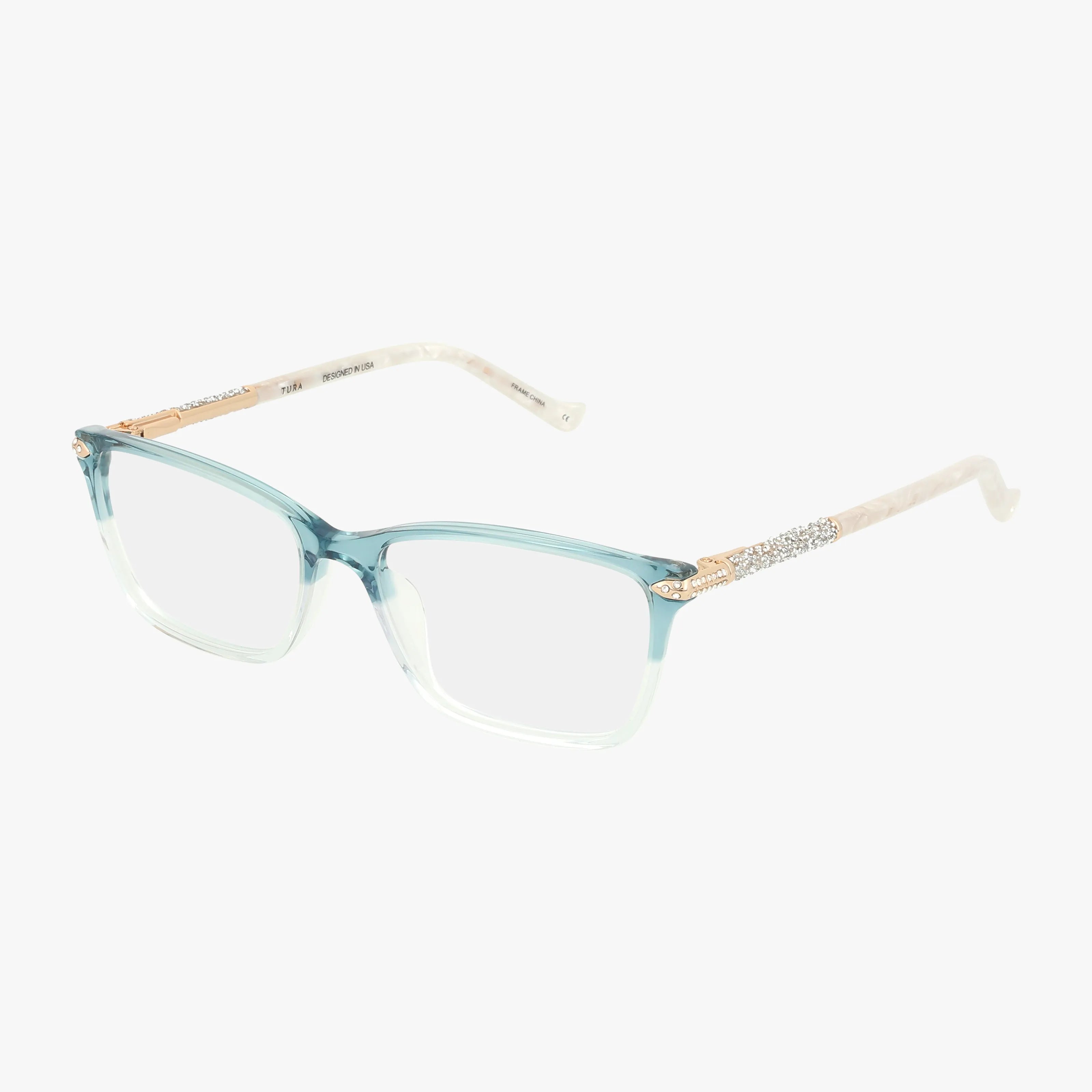 The R702 eyeglasses feature a polished transparent blue-green square frame, pearl-toned arms, and gold and crystal embellishments near the hinges, shown against a white background.