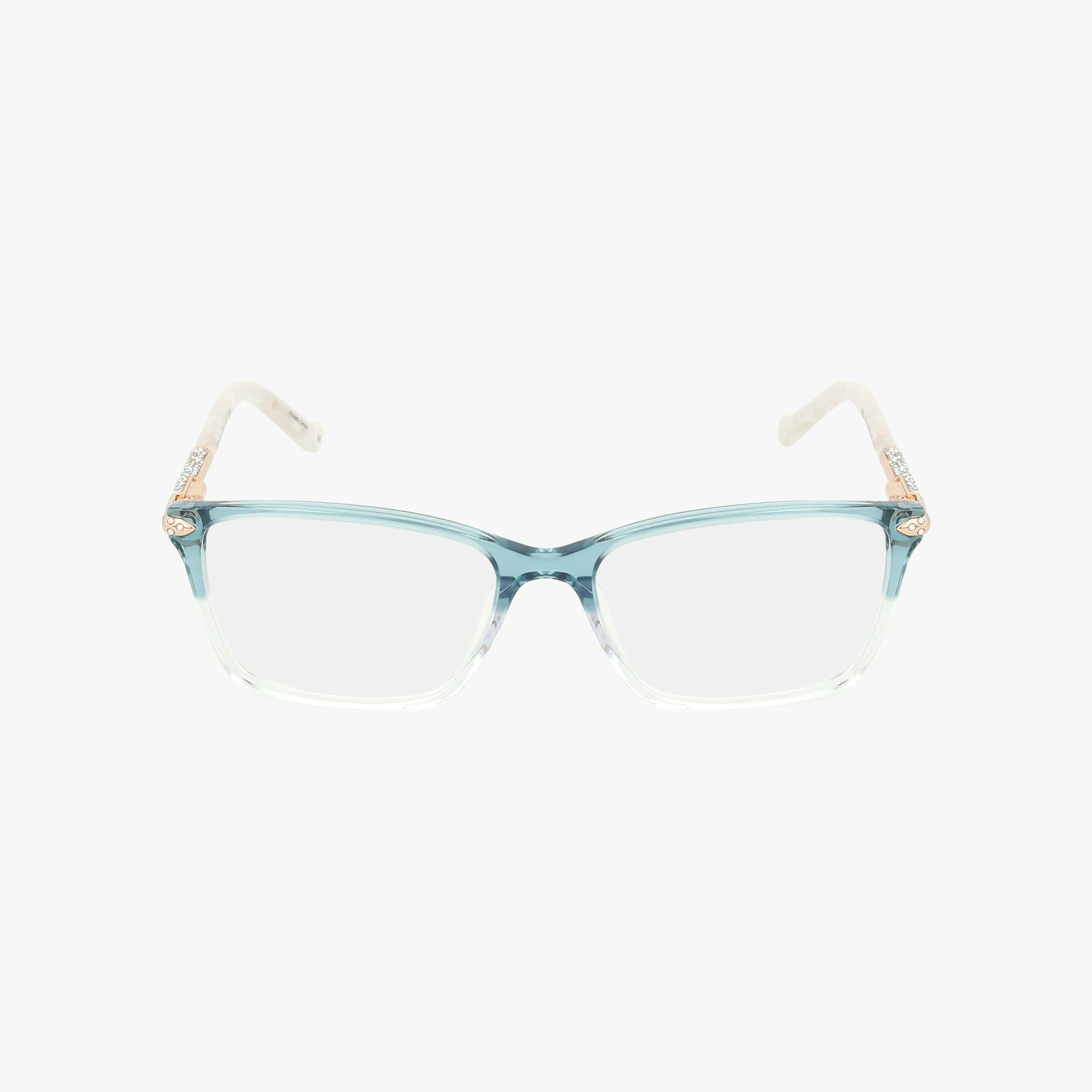 The R702 features rectangular eyeglasses with a polished, transparent blue frame and light beige temples, combining style and durability against a plain white background.