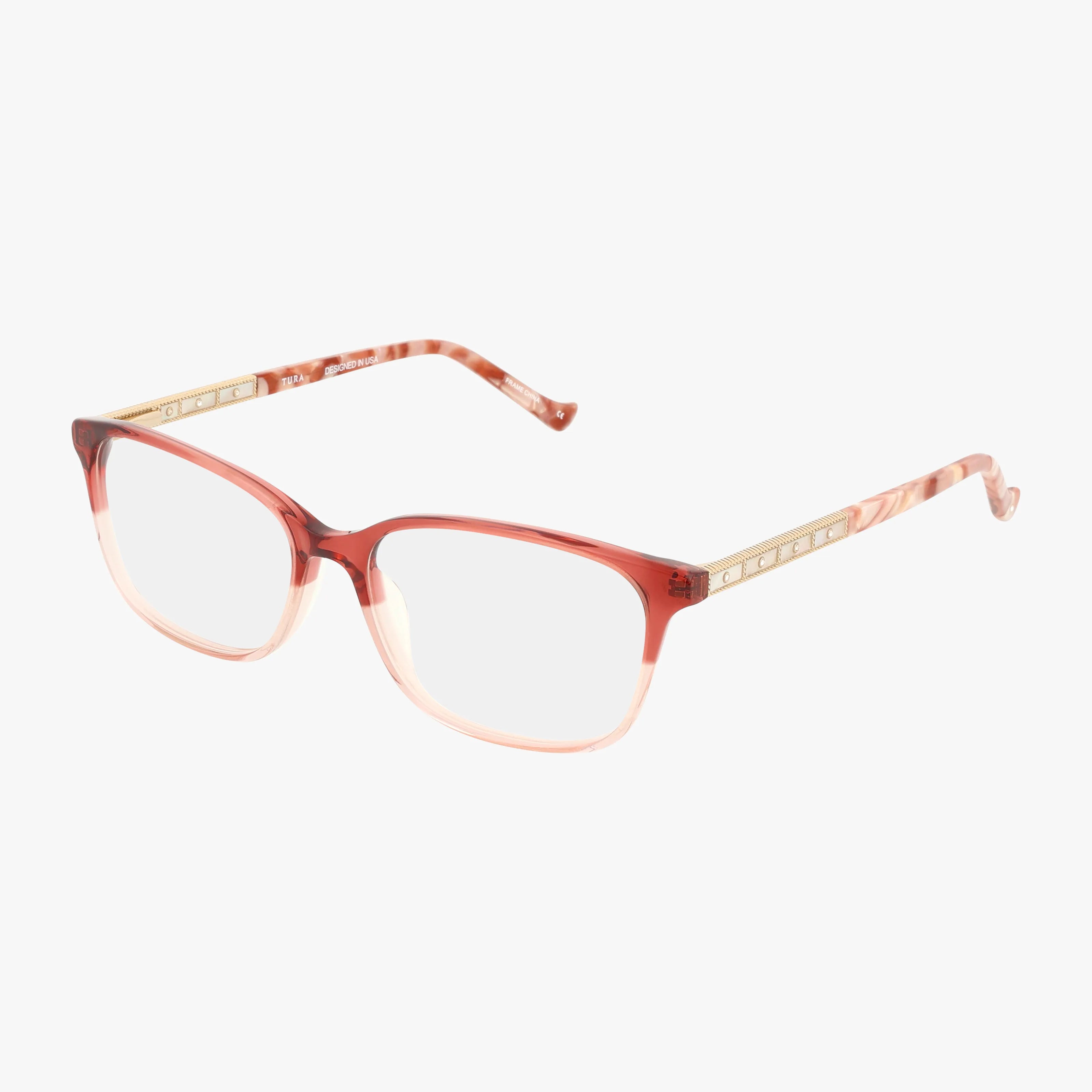 The R703 eyeglasses feature a modern rectangular frame with translucent pink and gold marbled temples. Clear lenses and a stylish design make them perfect for prescription use, shown against a clean white background.