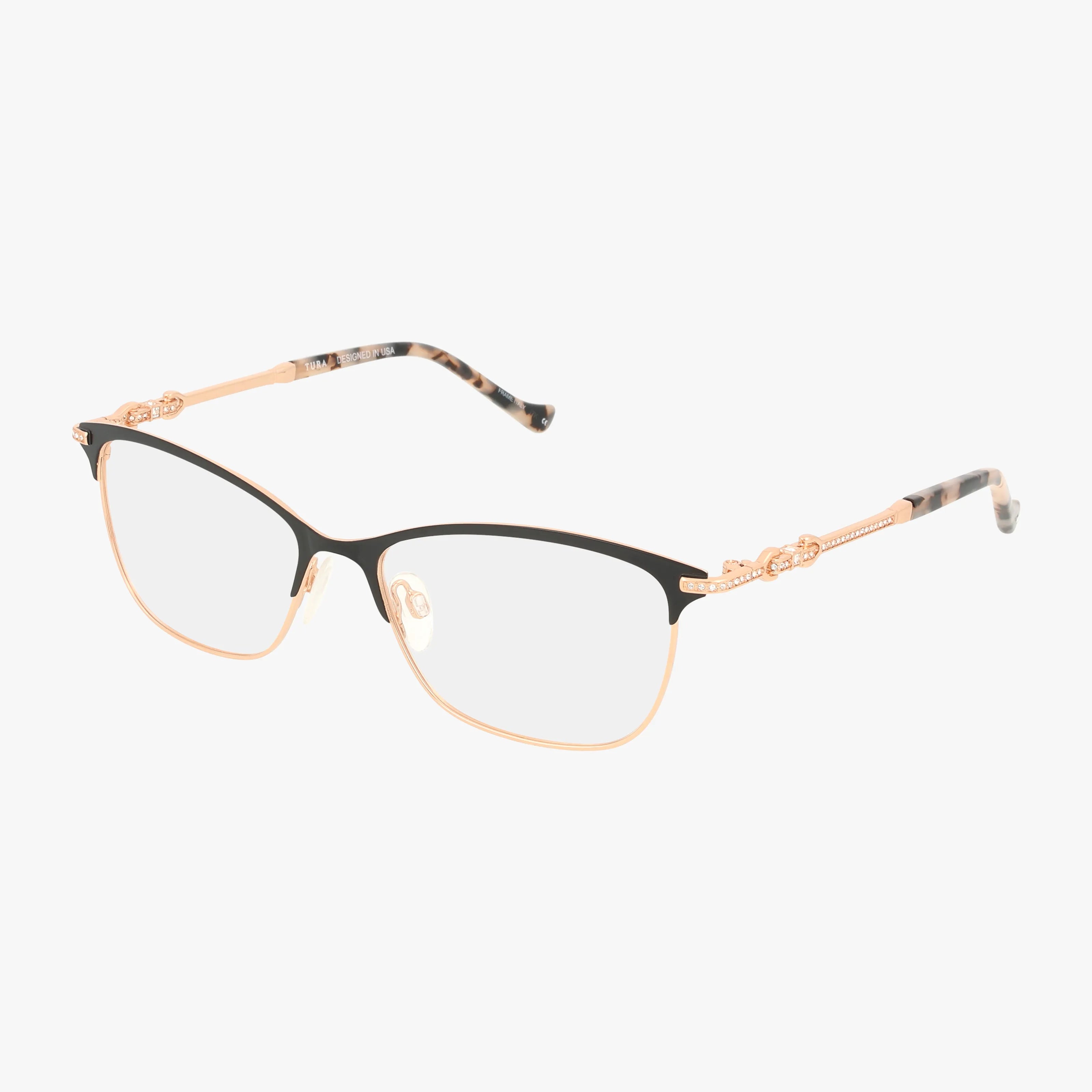 The TE288 eyeglasses showcase a modern rectangular gold and black frame, decorative temple accents, and tortoiseshell-patterned earpieces, all displayed on a white background.