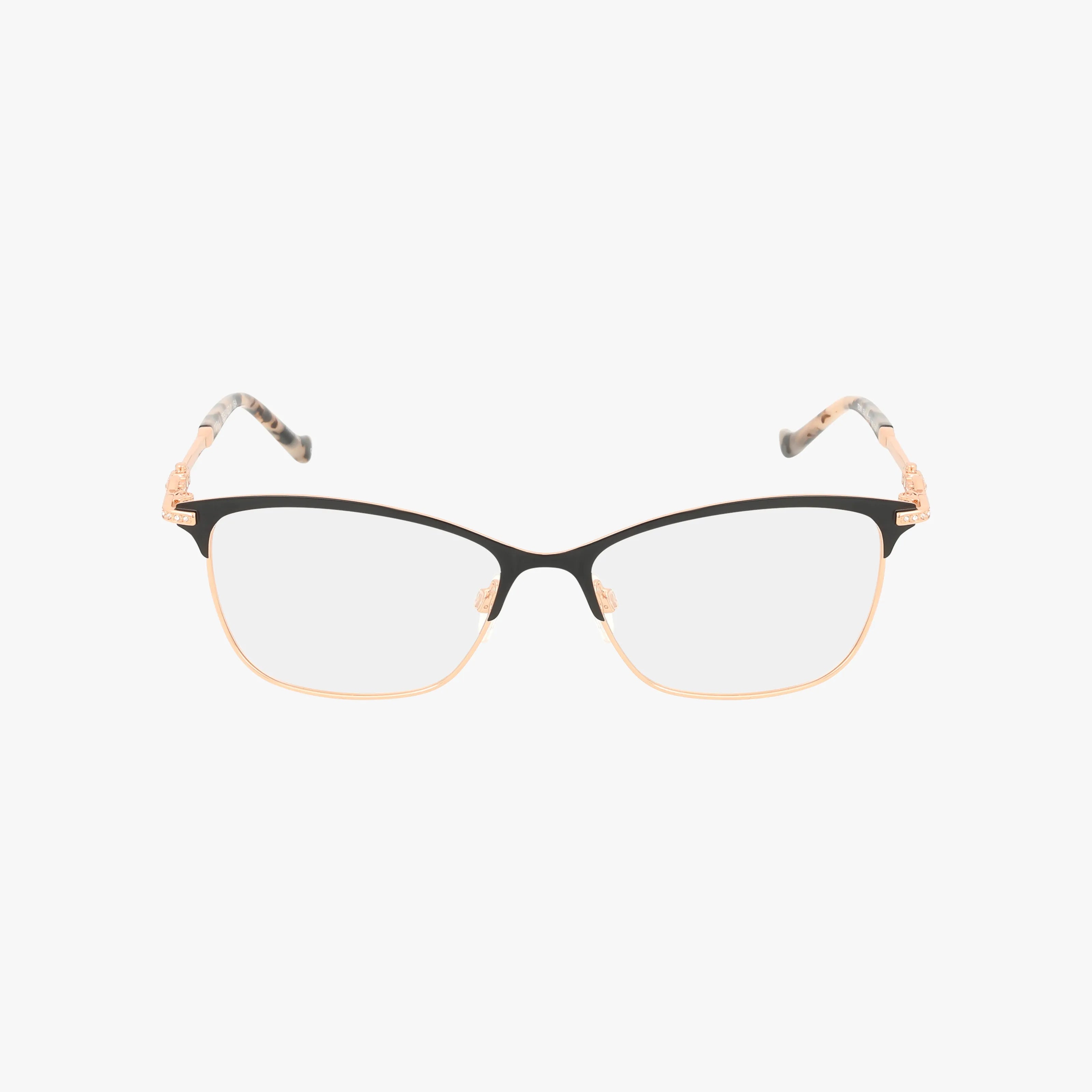 The TE288 eyeglasses feature black and gold metal frames, clear lenses, and patterned temples in a contemporary design, displayed on a plain white background.