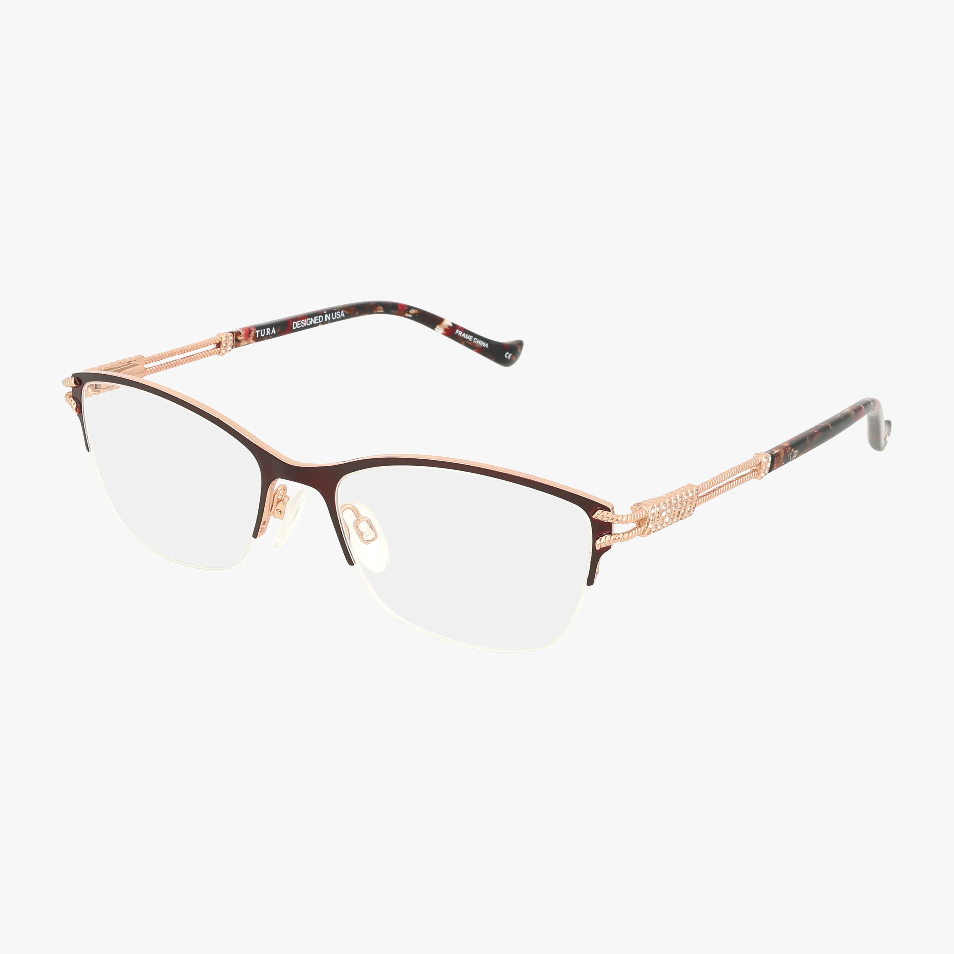 The R705 is a pair of semi-rimless eyeglasses with gold-tone metal frames, brown upper rims, detailed temples, clear nose pads, and tortoiseshell-patterned tips—ideal for everyday style.