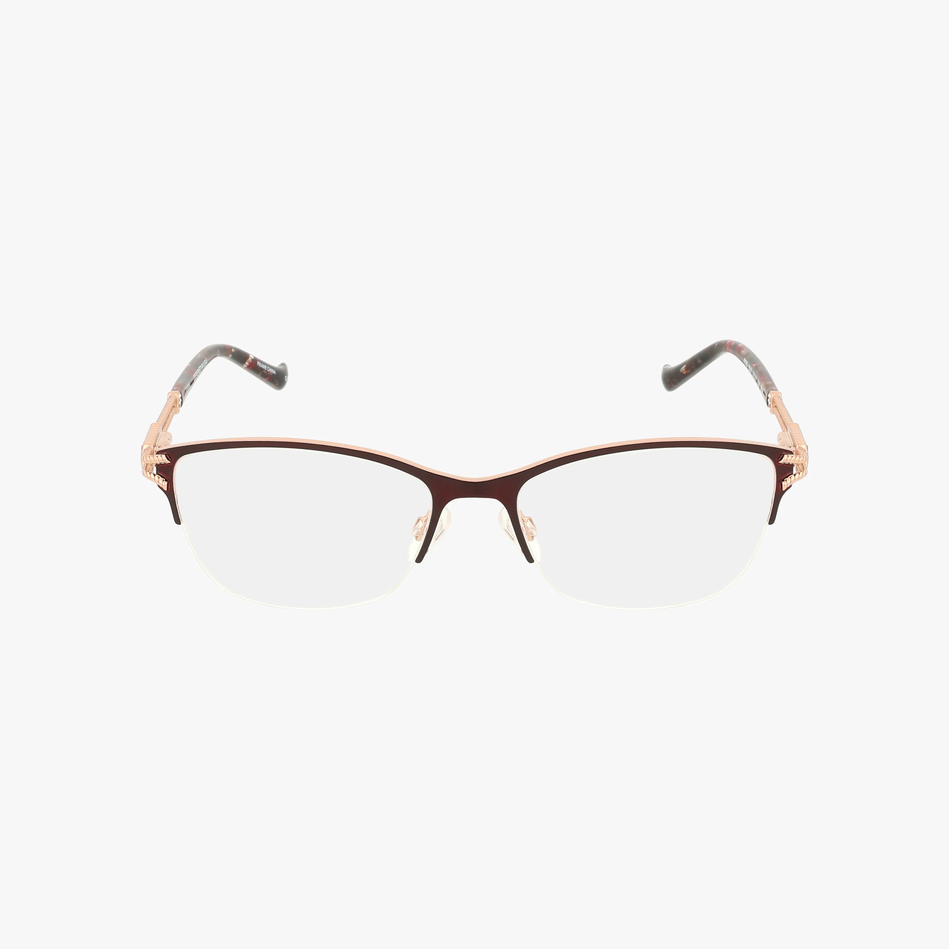 The R705 features semi-rimless, thin brown metal frames with clear lenses and patterned arms accented in black and rose gold, offering a modern look ideal for everyday wear, shown on a plain white background.