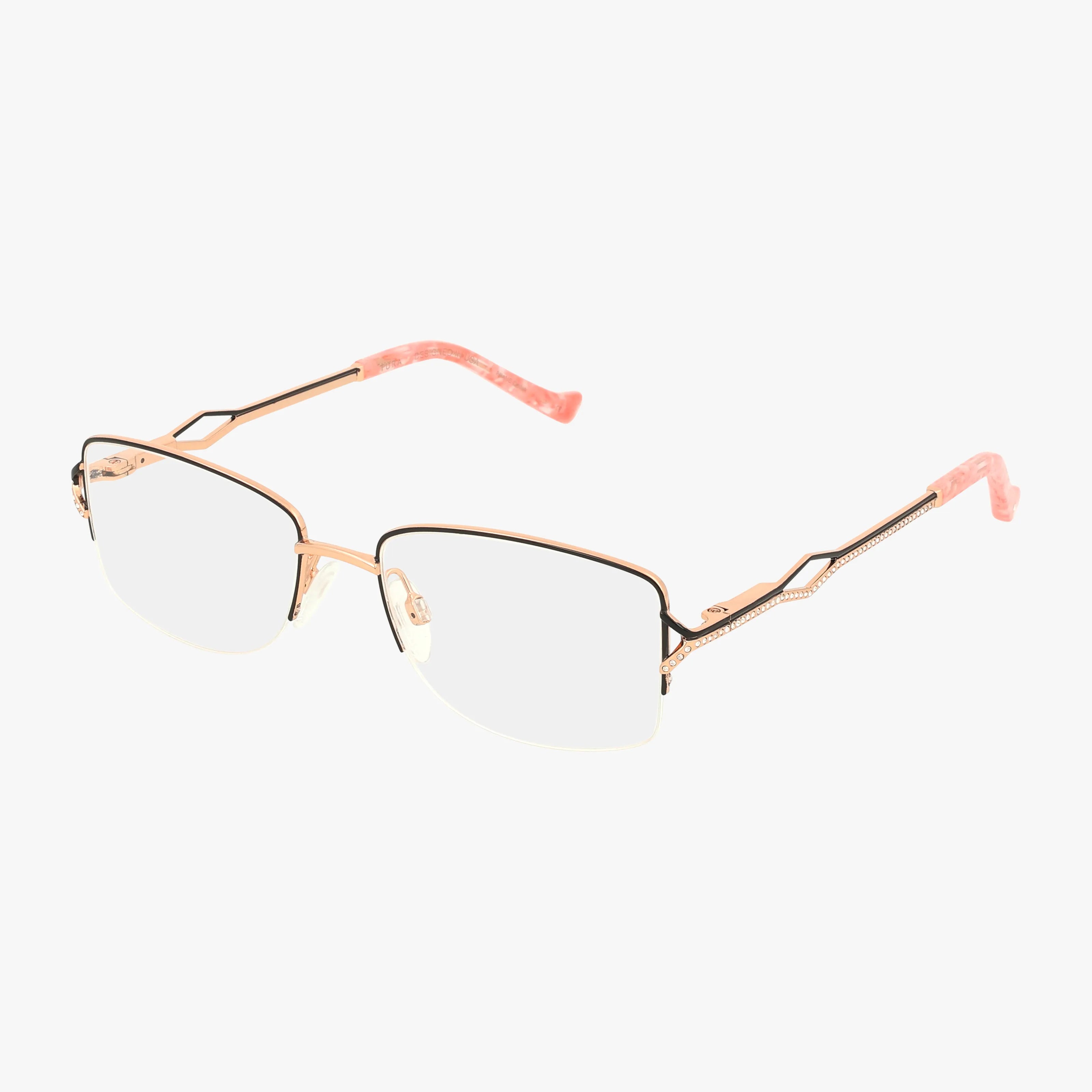 The R706 features rectangular gold metal frames with black rim accents, blue light lenses, and pink marbled temple tips—stylish eyeglasses ideal for everyday wear, shown against a white background.