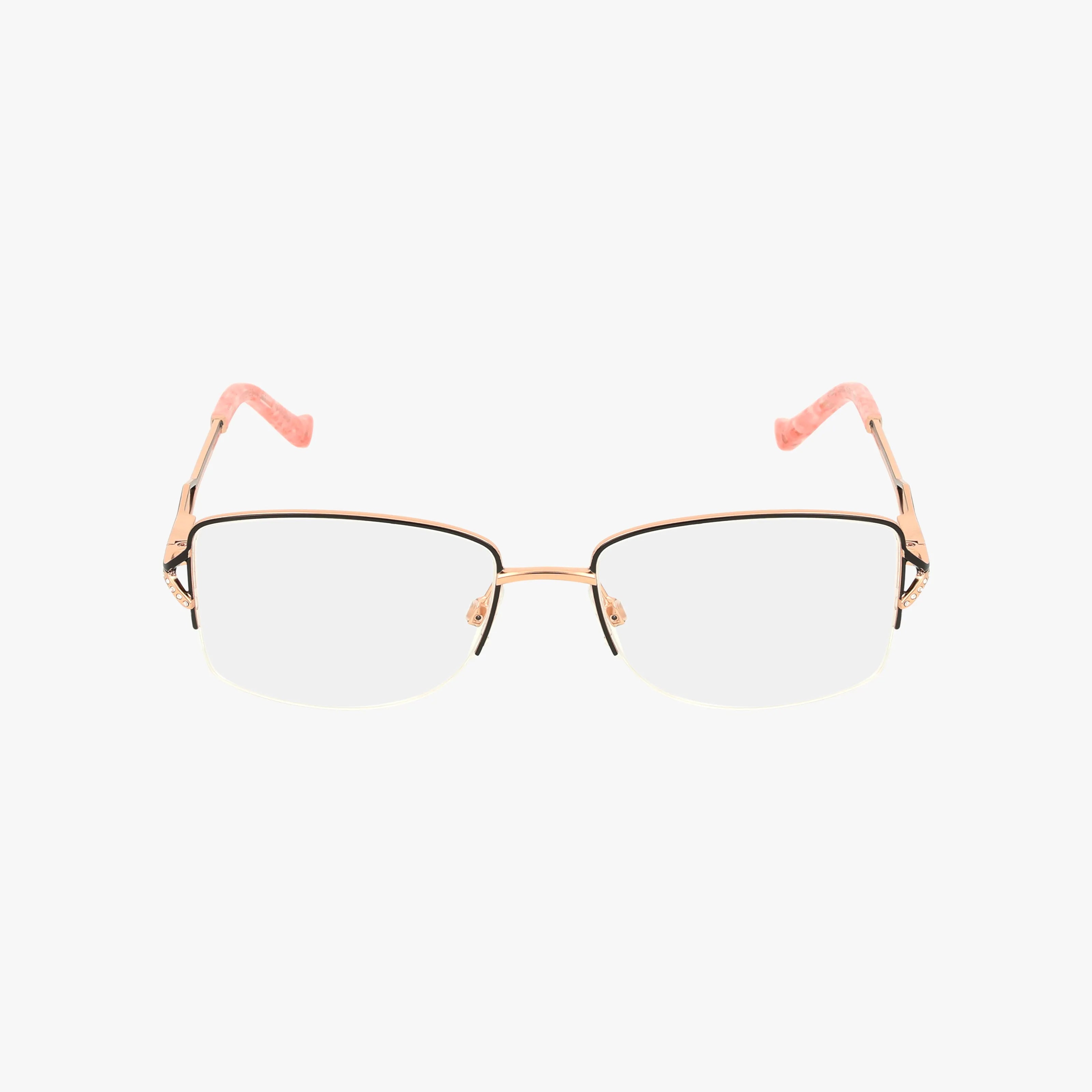 The R706 eyeglasses feature semi-rimless, thin gold frames with pink patterned temple tips and a lightweight design for all-day comfort, shown on a white background.