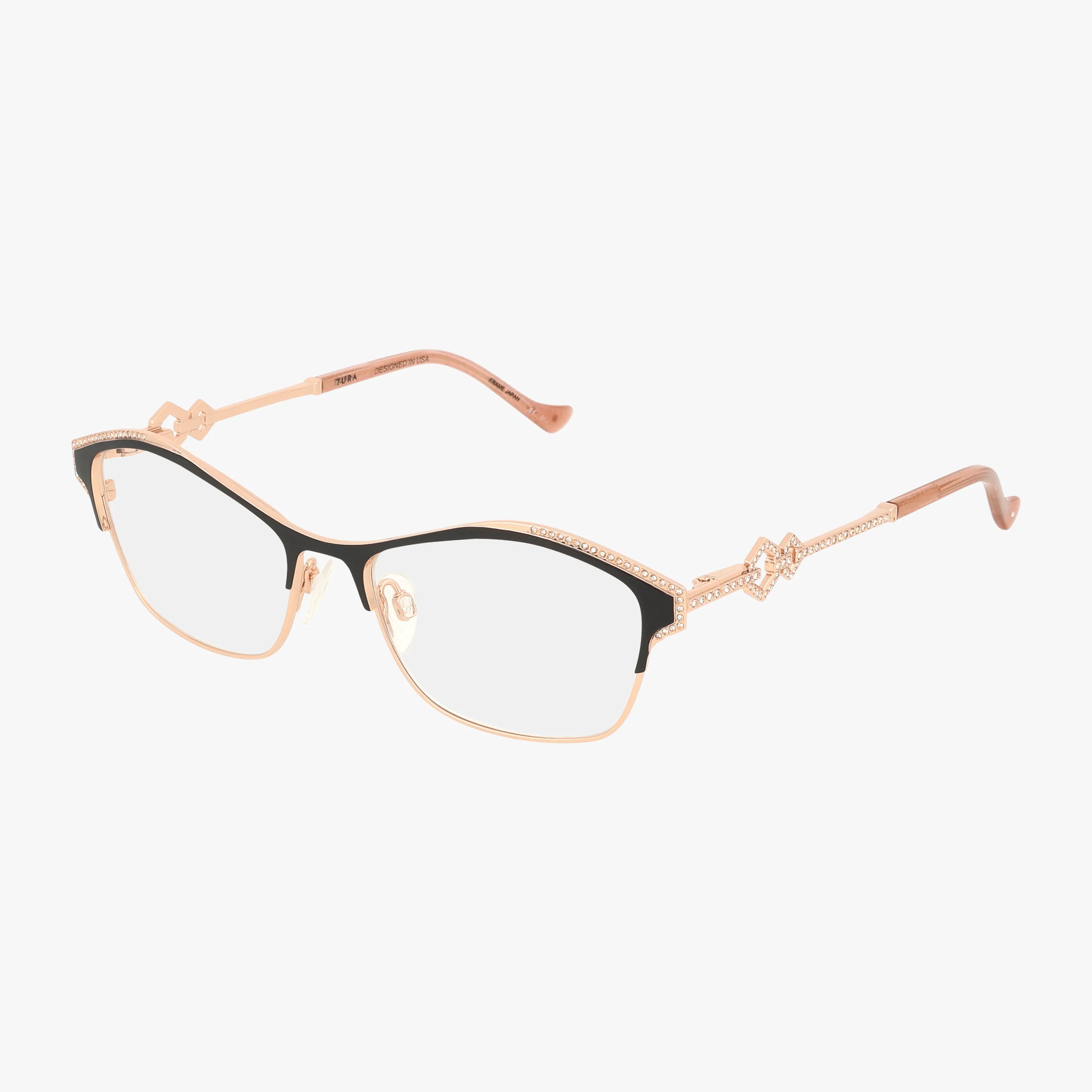 The TE290 features elegant eyeglasses with a refined rose gold metal frame, clear progressive lenses, decorative arm details, and a thin black accent atop the rims, displayed against a white background.