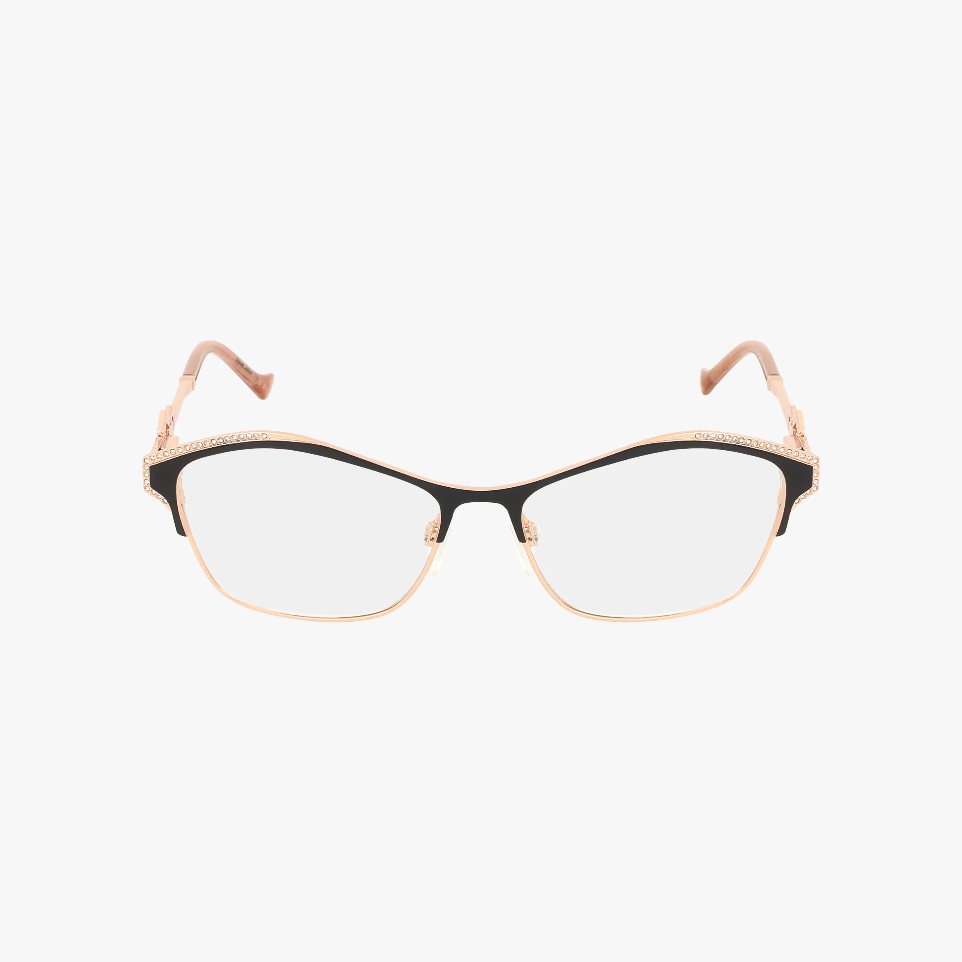 The TE290 features clear progressive lenses, a sophisticated gold metal frame with black accents on the top rim, and sturdy rose gold temples.