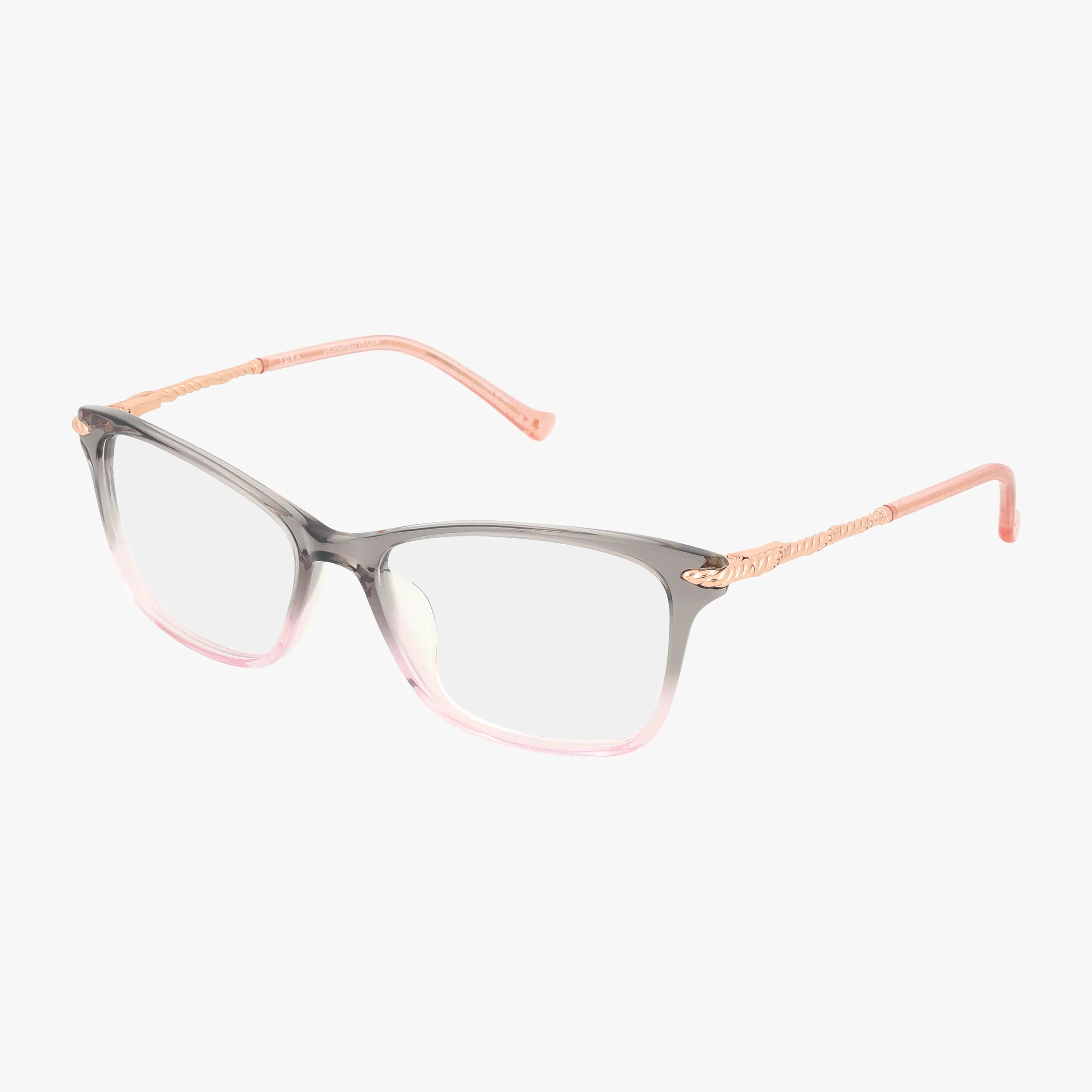 The R810 eyeglasses feature progressive lenses, transparent gray and pink ombre rectangular frames, and light pink temples, displayed on a white background.
