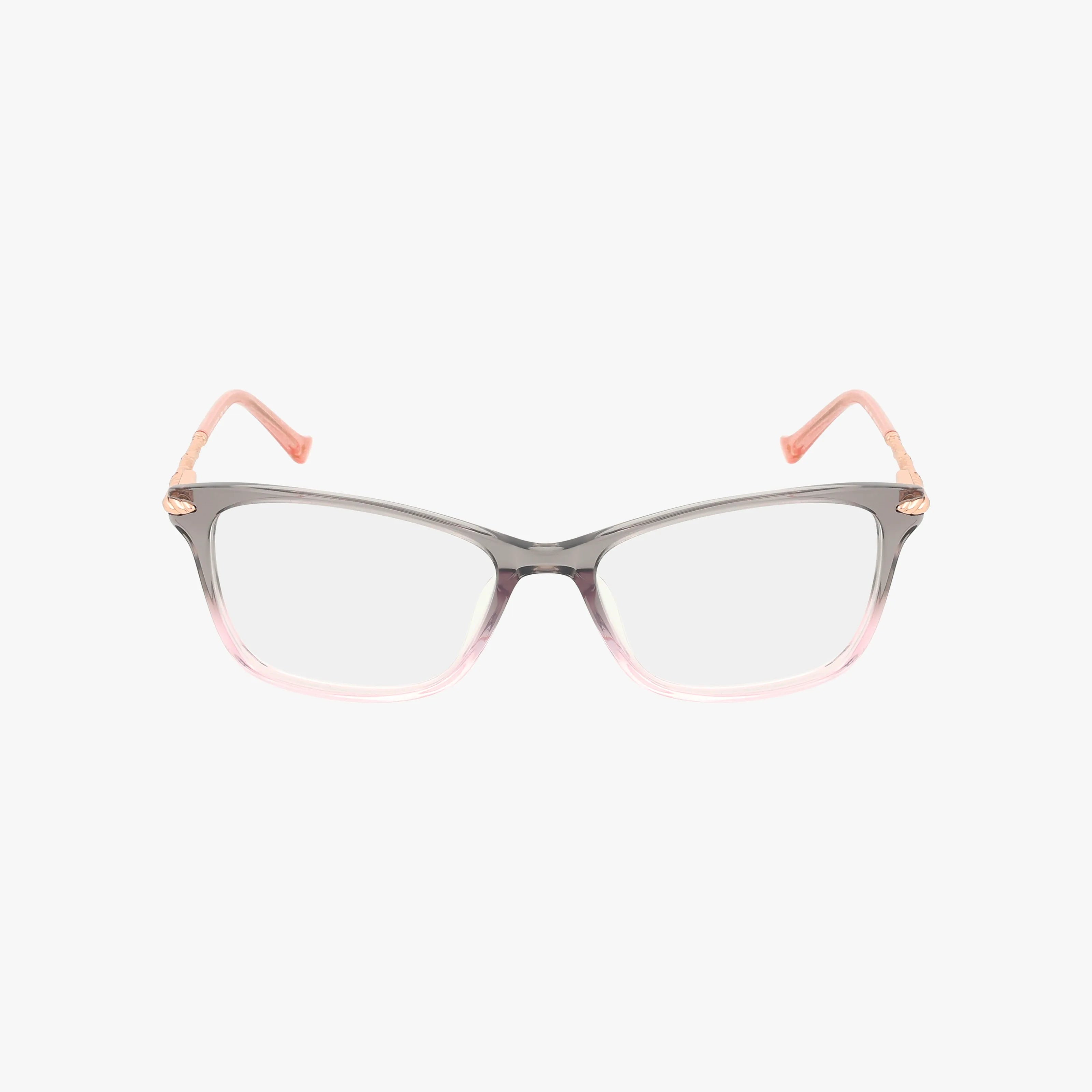 The R810 eyeglasses feature rectangular frames with a gradient gray to light pink design and pink temples, offering a blend of unique style and functional design.