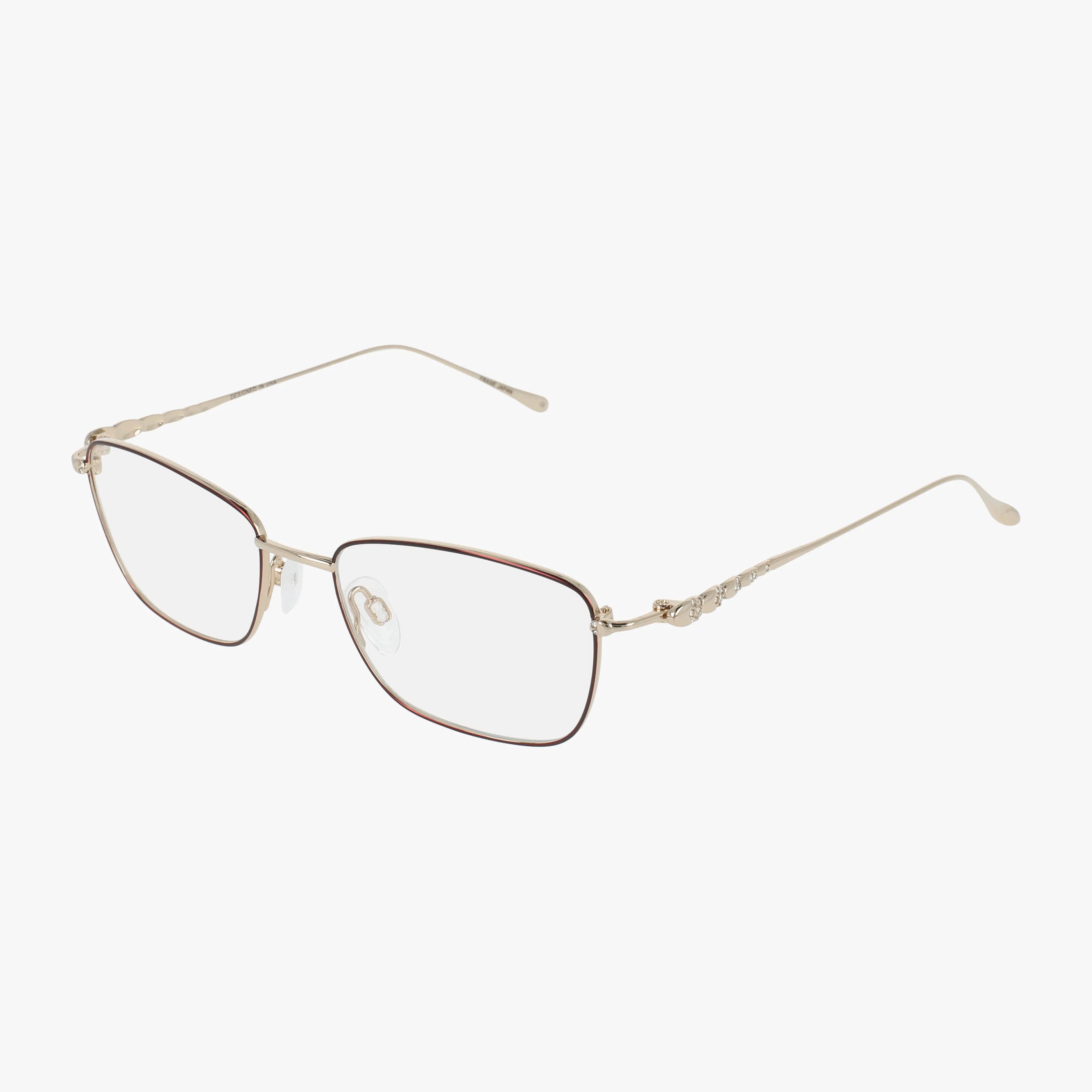 The R150 eyeglasses feature rectangular, gold metal frames with a thin design and clear lenses, displayed on a white background.
