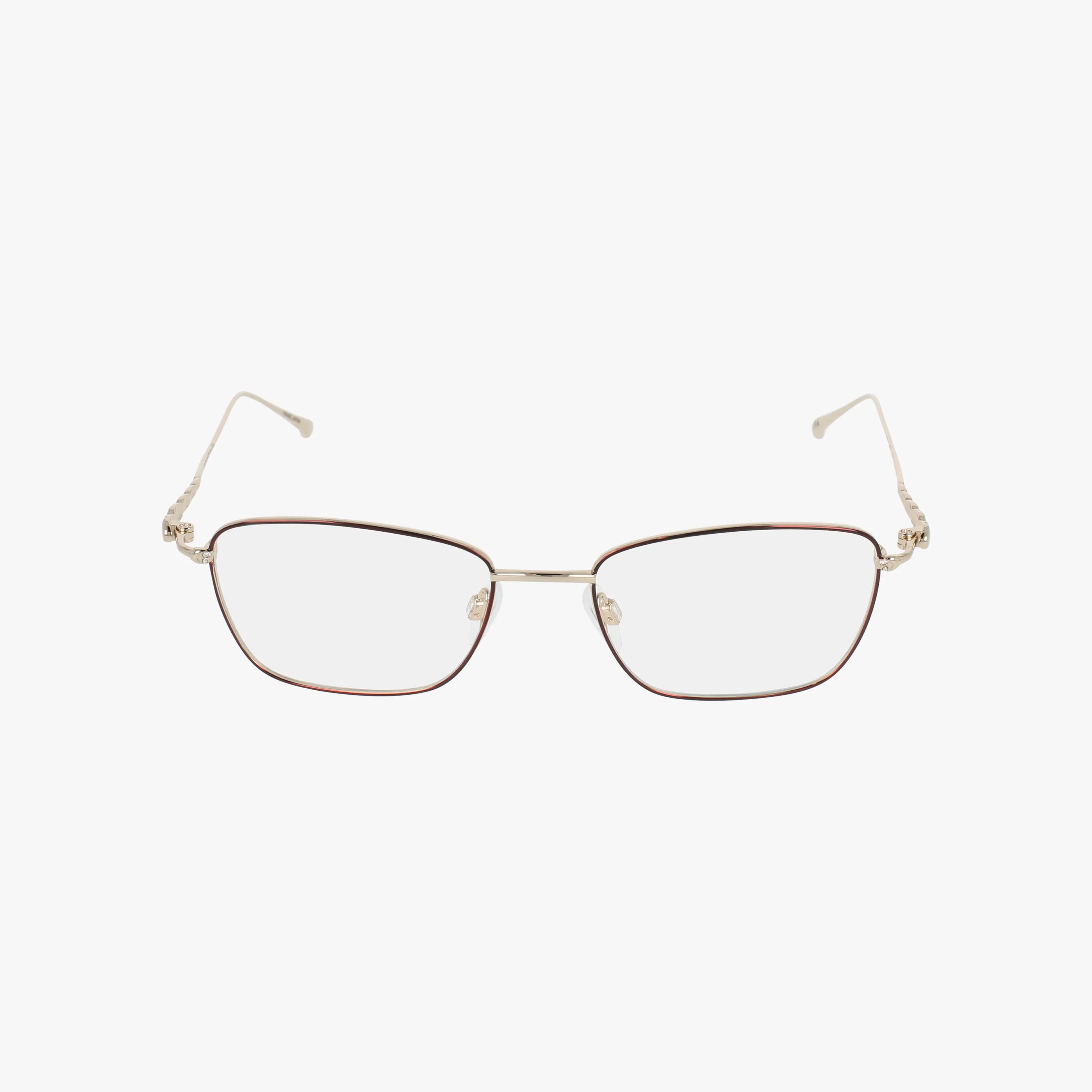 The R150 features rectangular eyeglasses with thin gold metal frames and clear lenses, displayed front-facing on a plain white background.