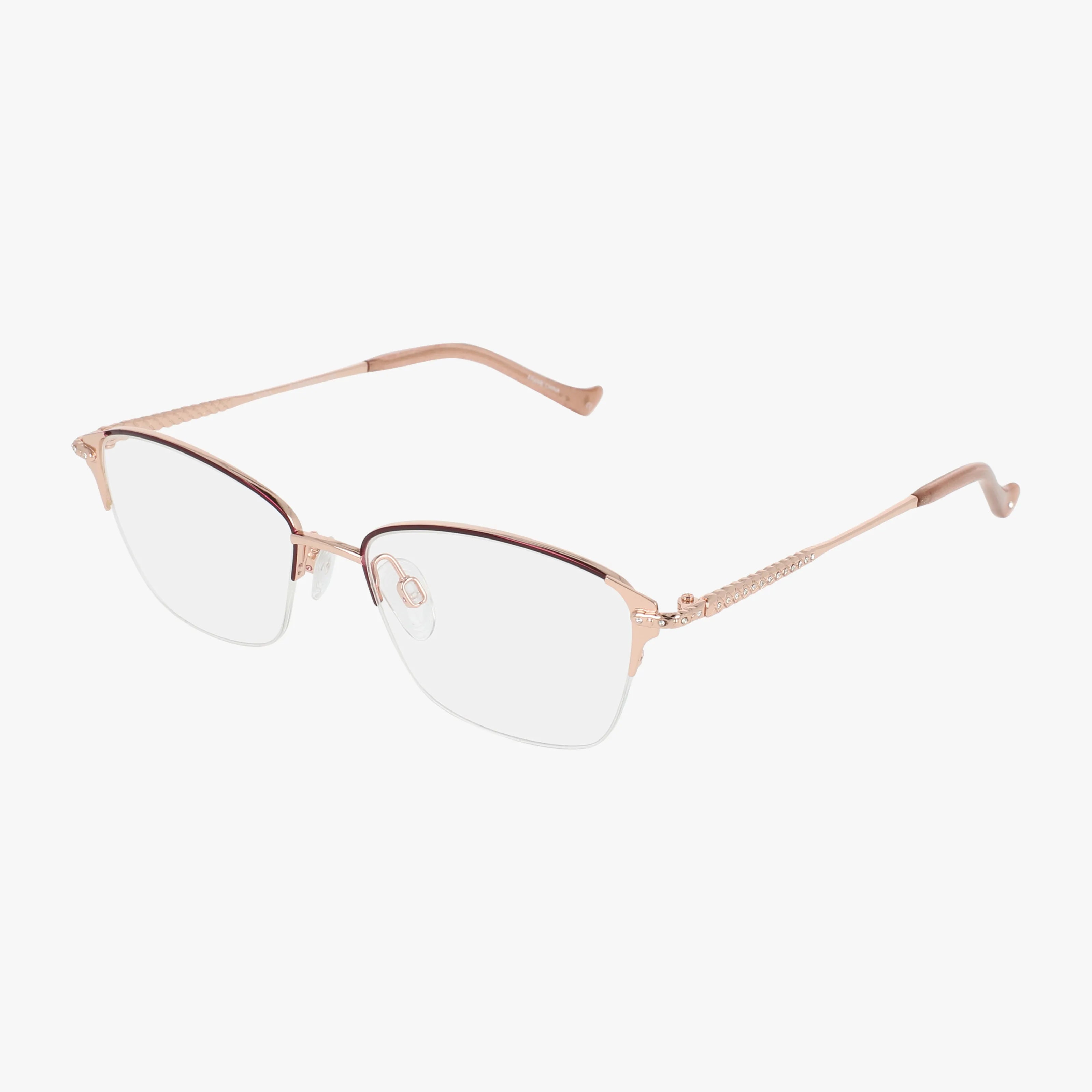 The R152 eyeglasses feature a rose gold semi-rimless thin metal frame, clear lenses, textured temple detailing, and gently curved arms.