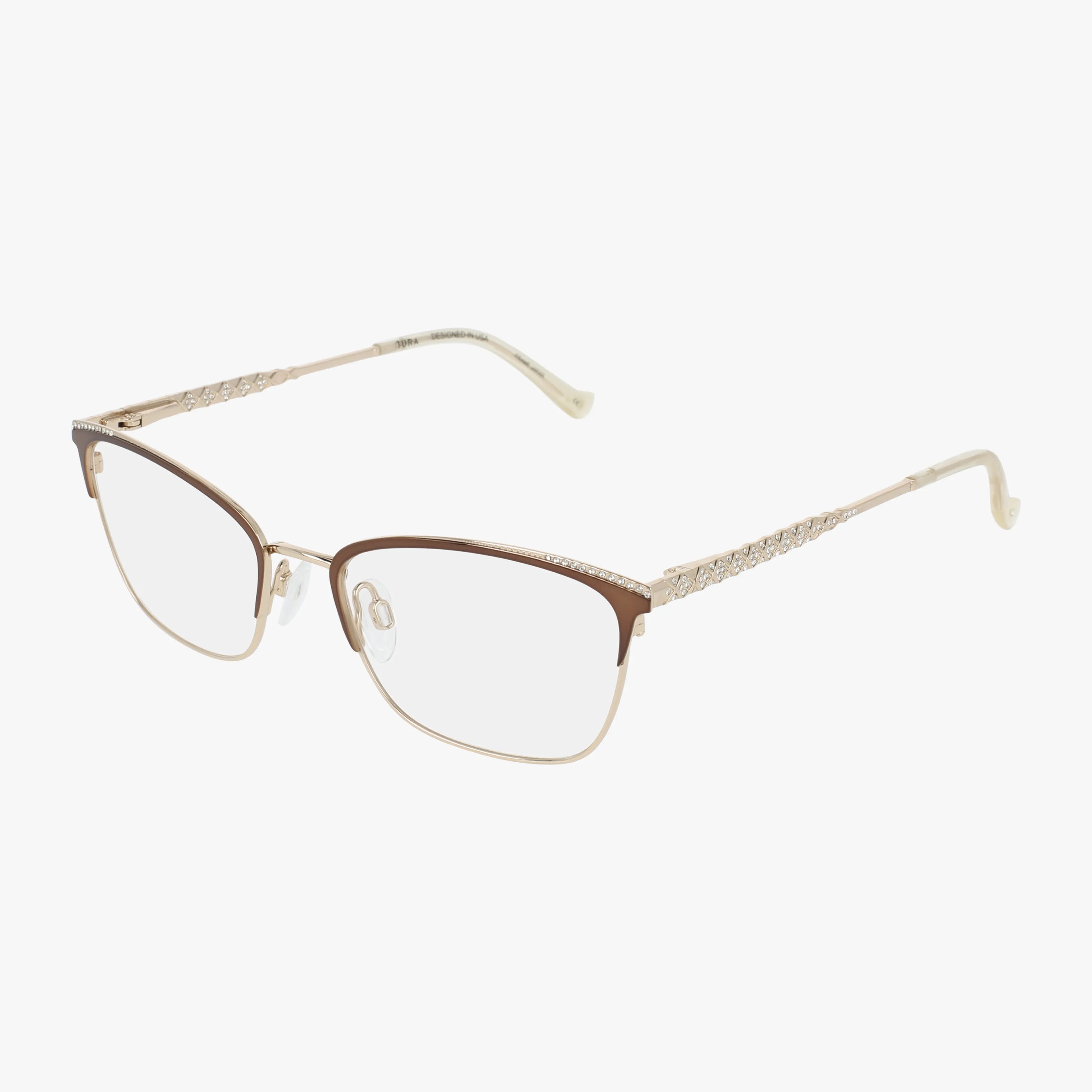 The TE292 eyeglasses feature gold metal frames with brown upper rims, clear lenses, and decorative detailing on the arms, displayed on a white background.